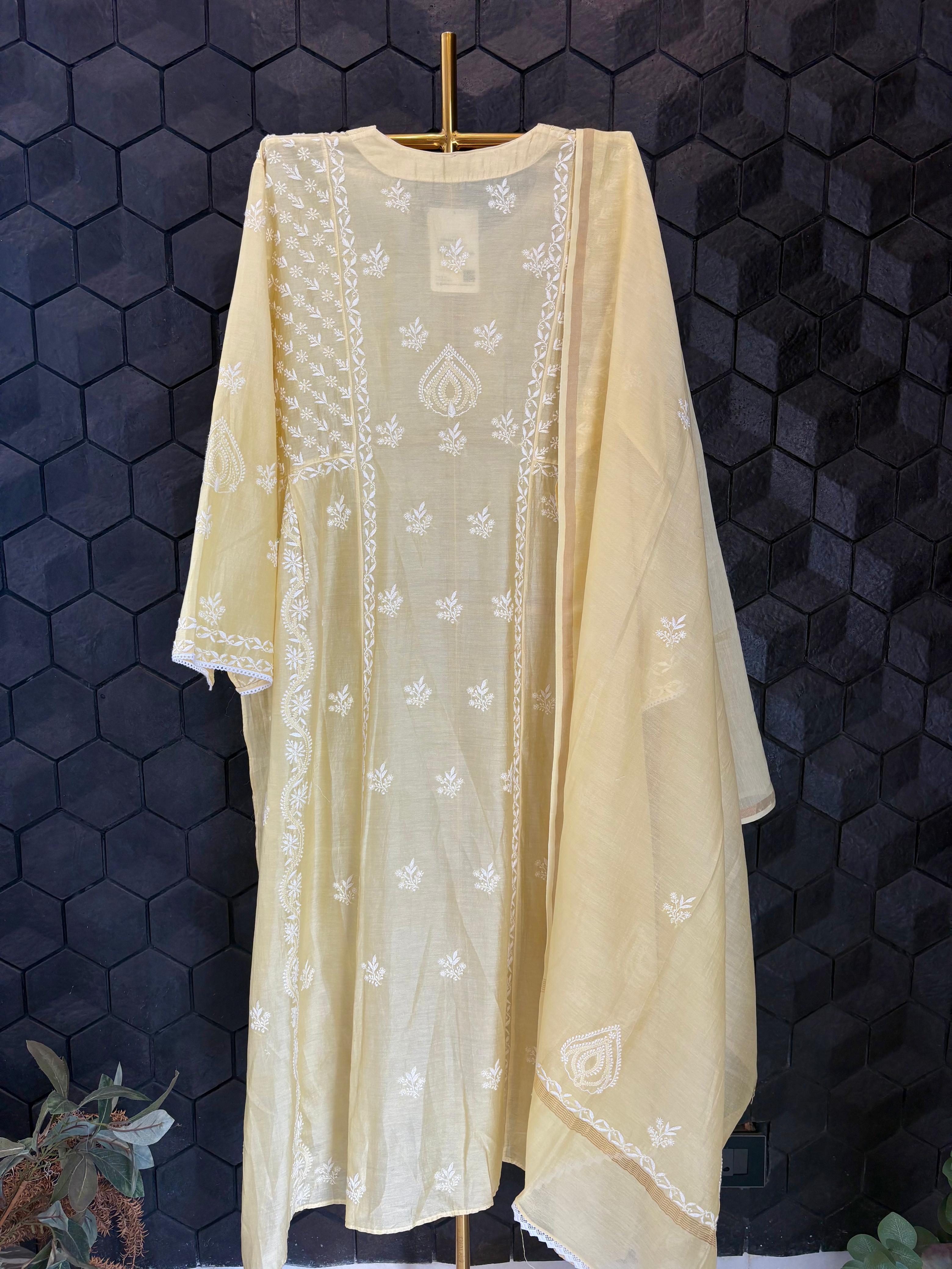 Light Yellow Chanderi Chikankari Kurta Set