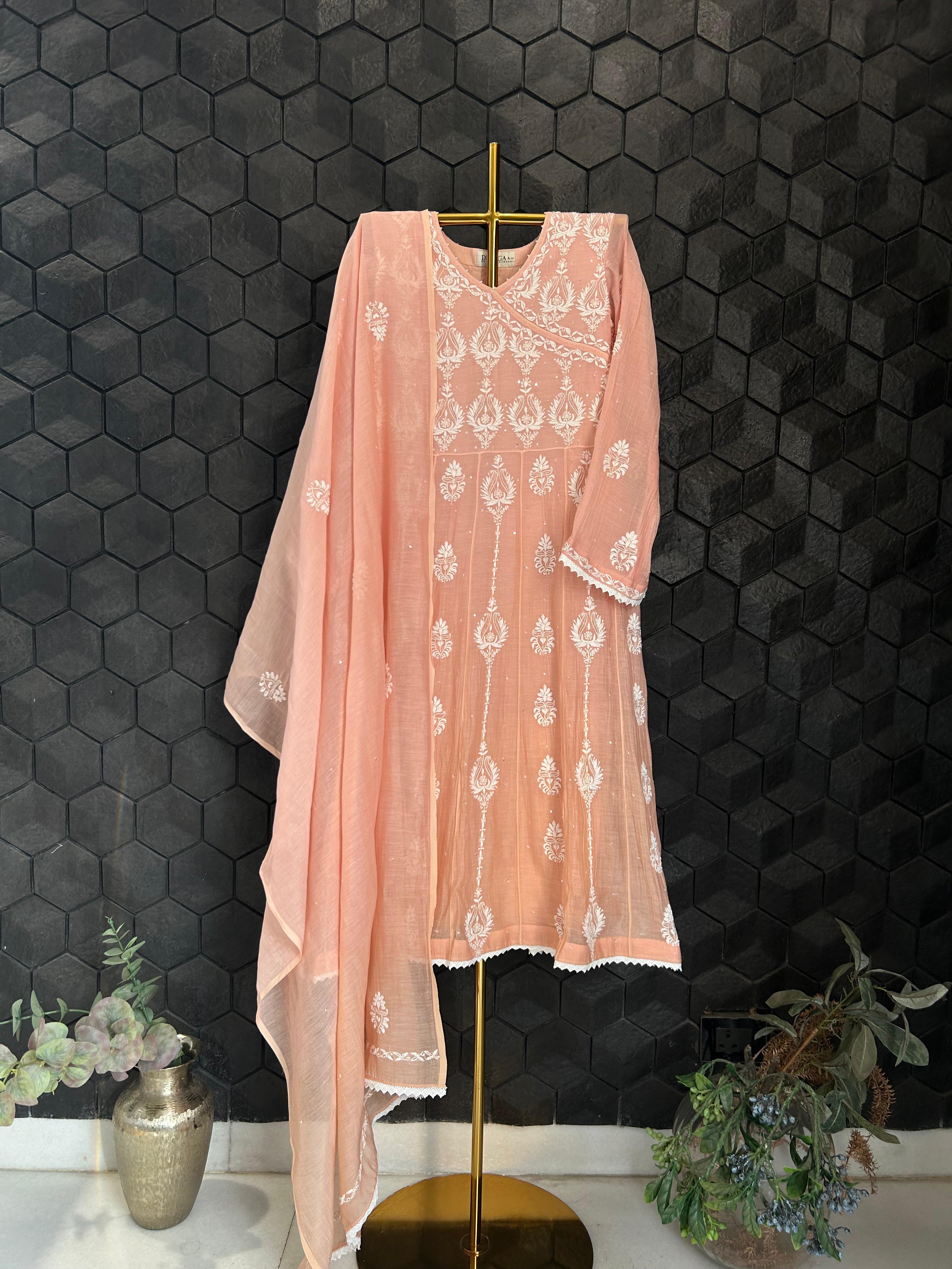 Peach mul chanderi chikankari anarkali set