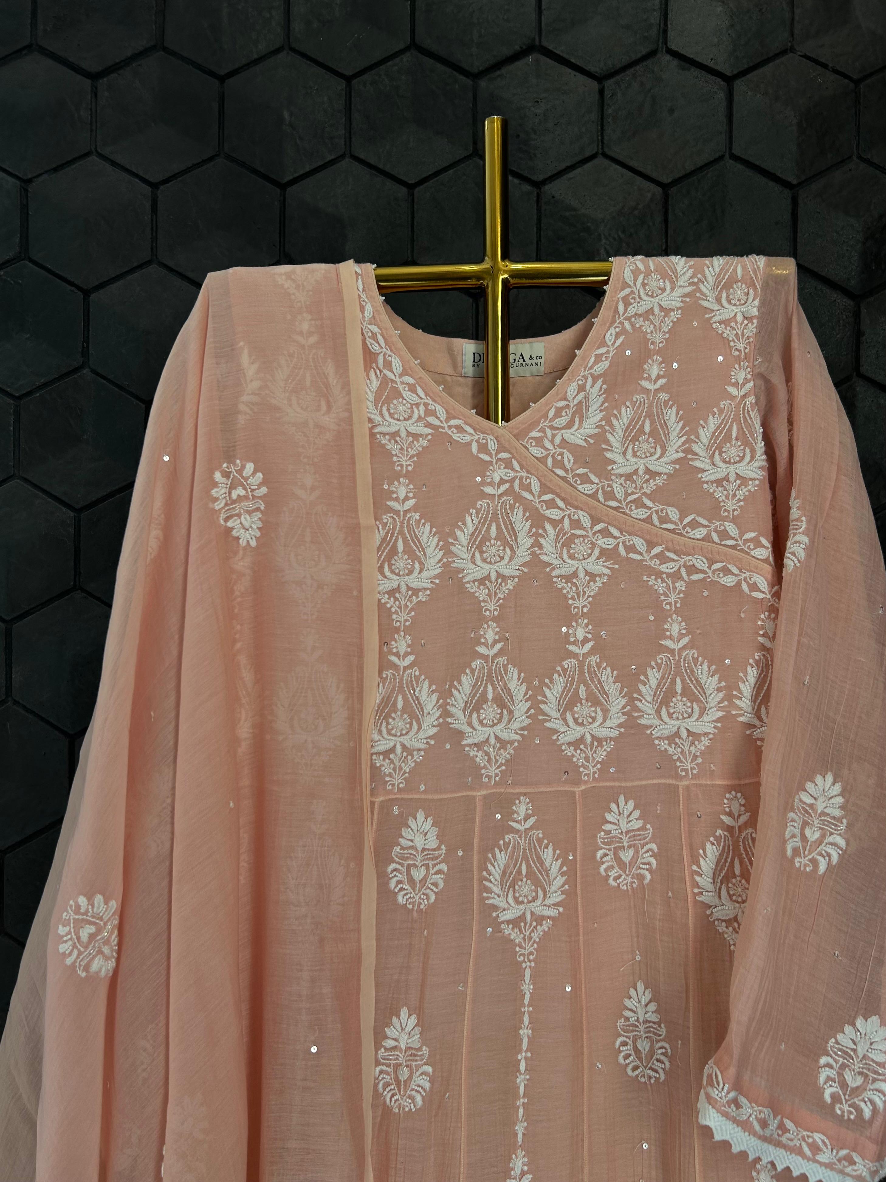 Peach mul chanderi chikankari anarkali set