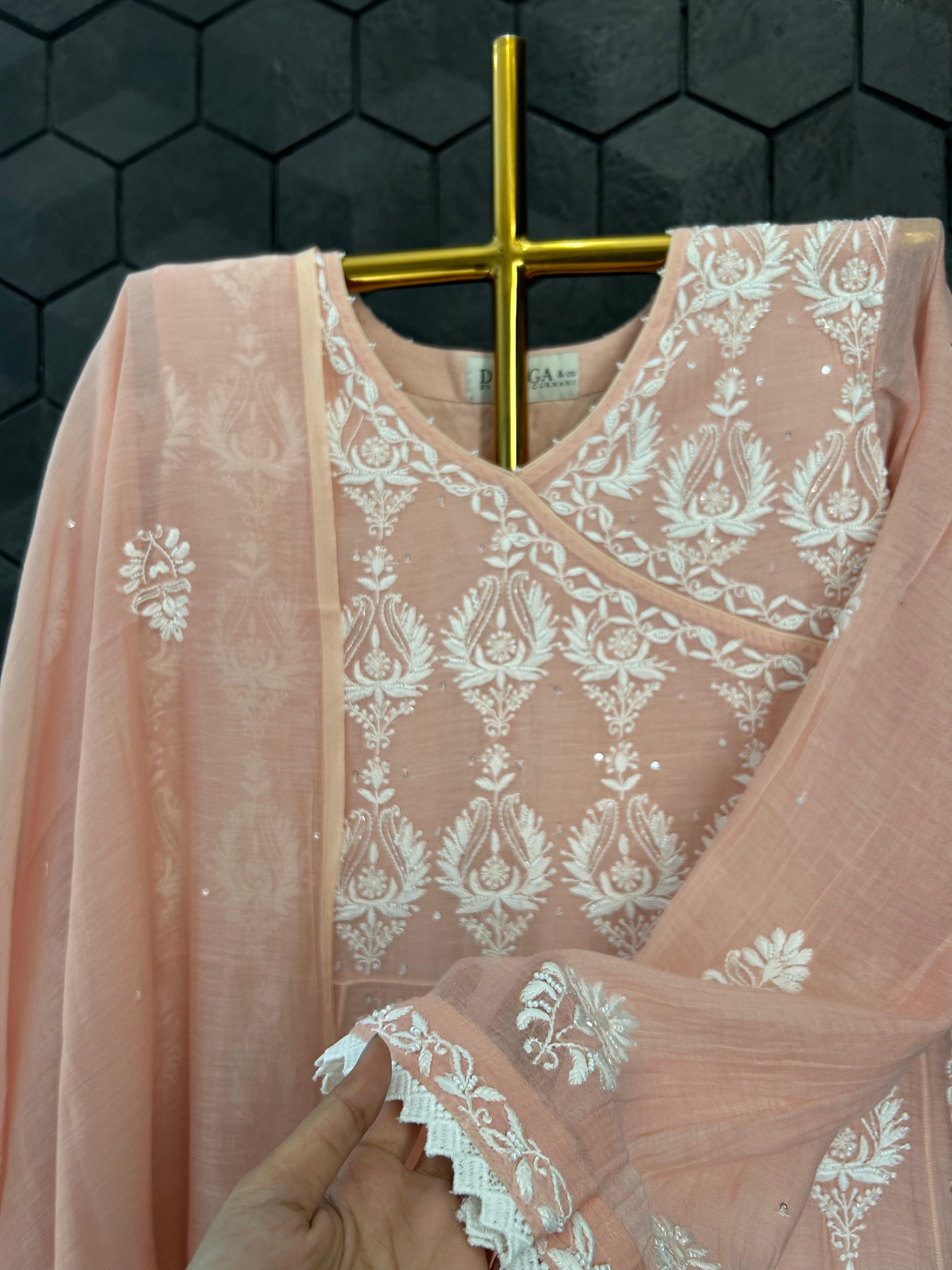 Peach mul chanderi chikankari anarkali set