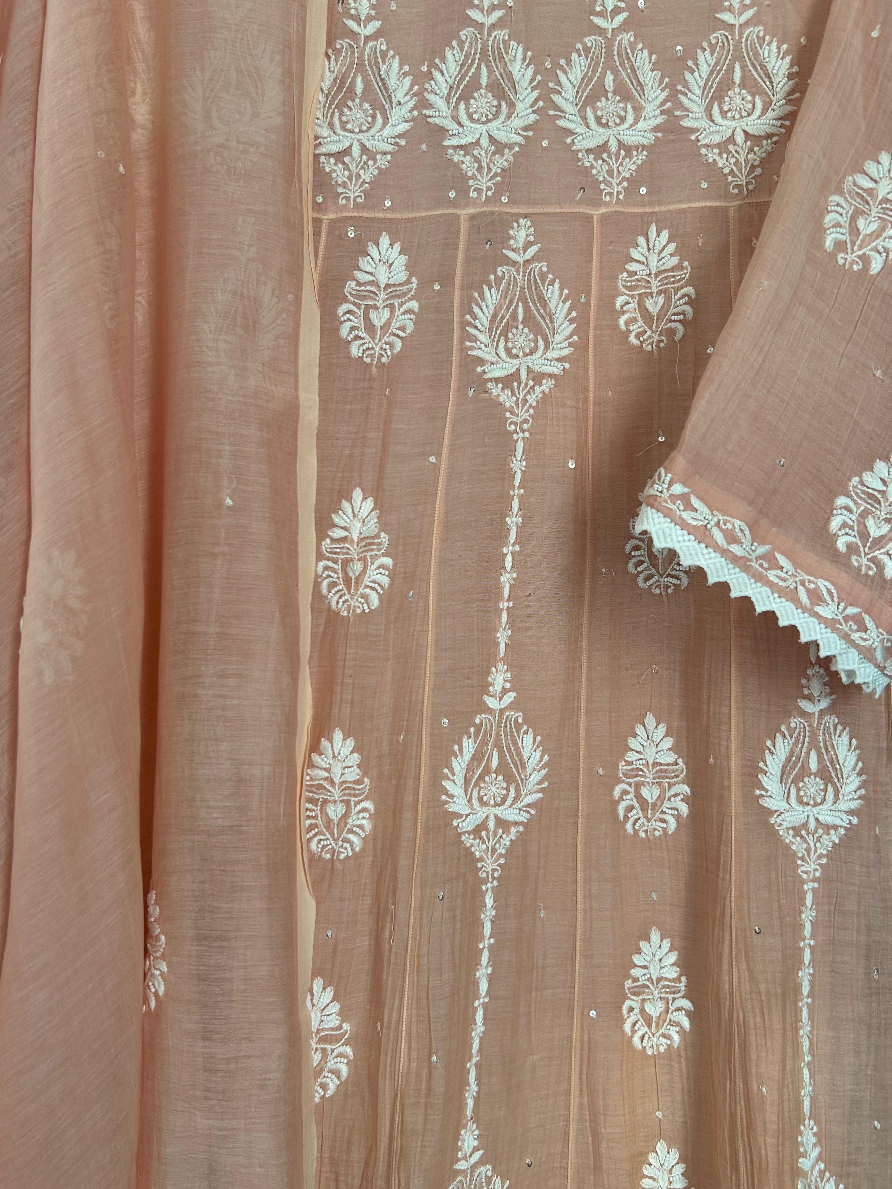 Peach mul chanderi chikankari anarkali set
