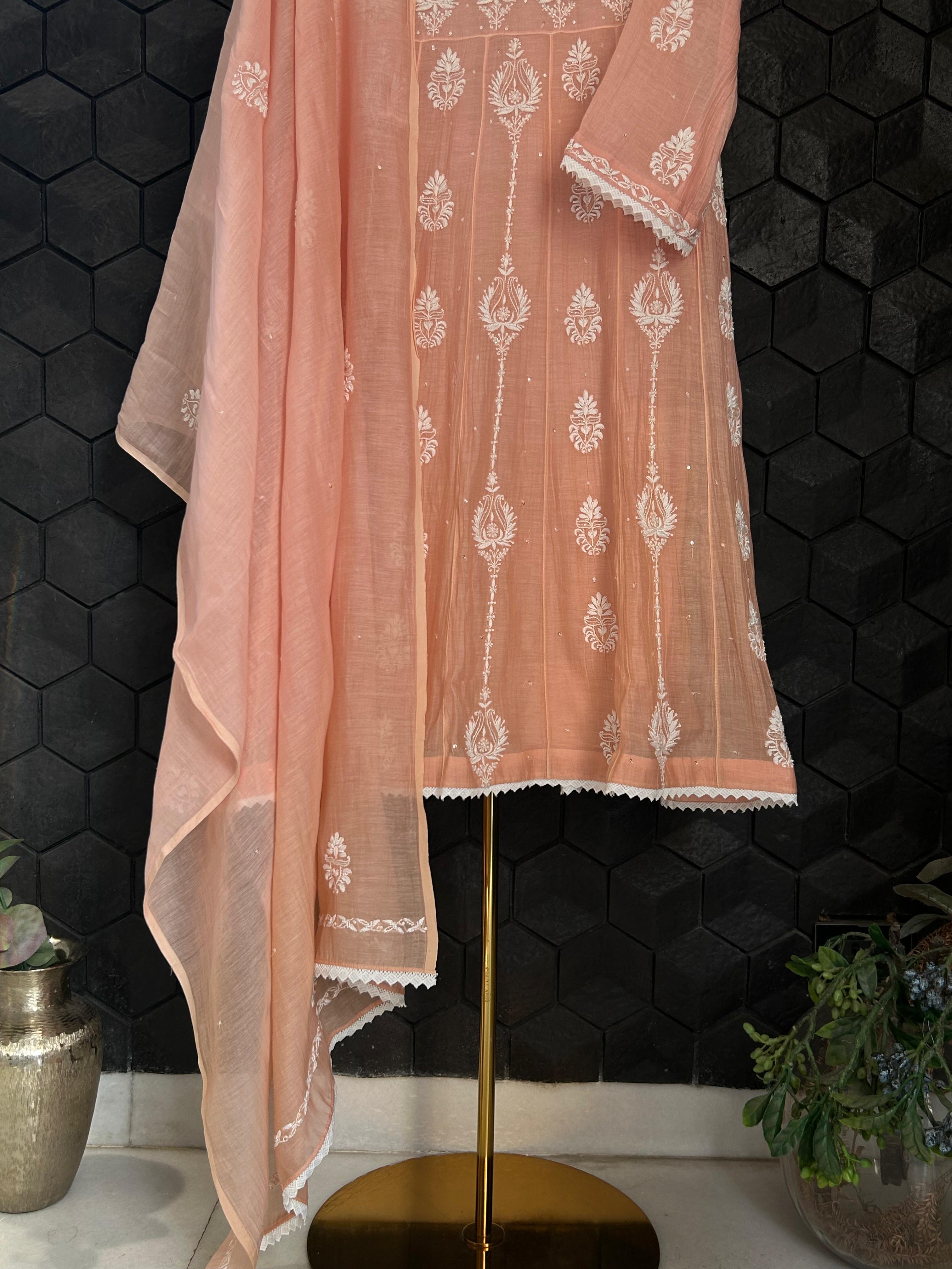 Peach mul chanderi chikankari anarkali set