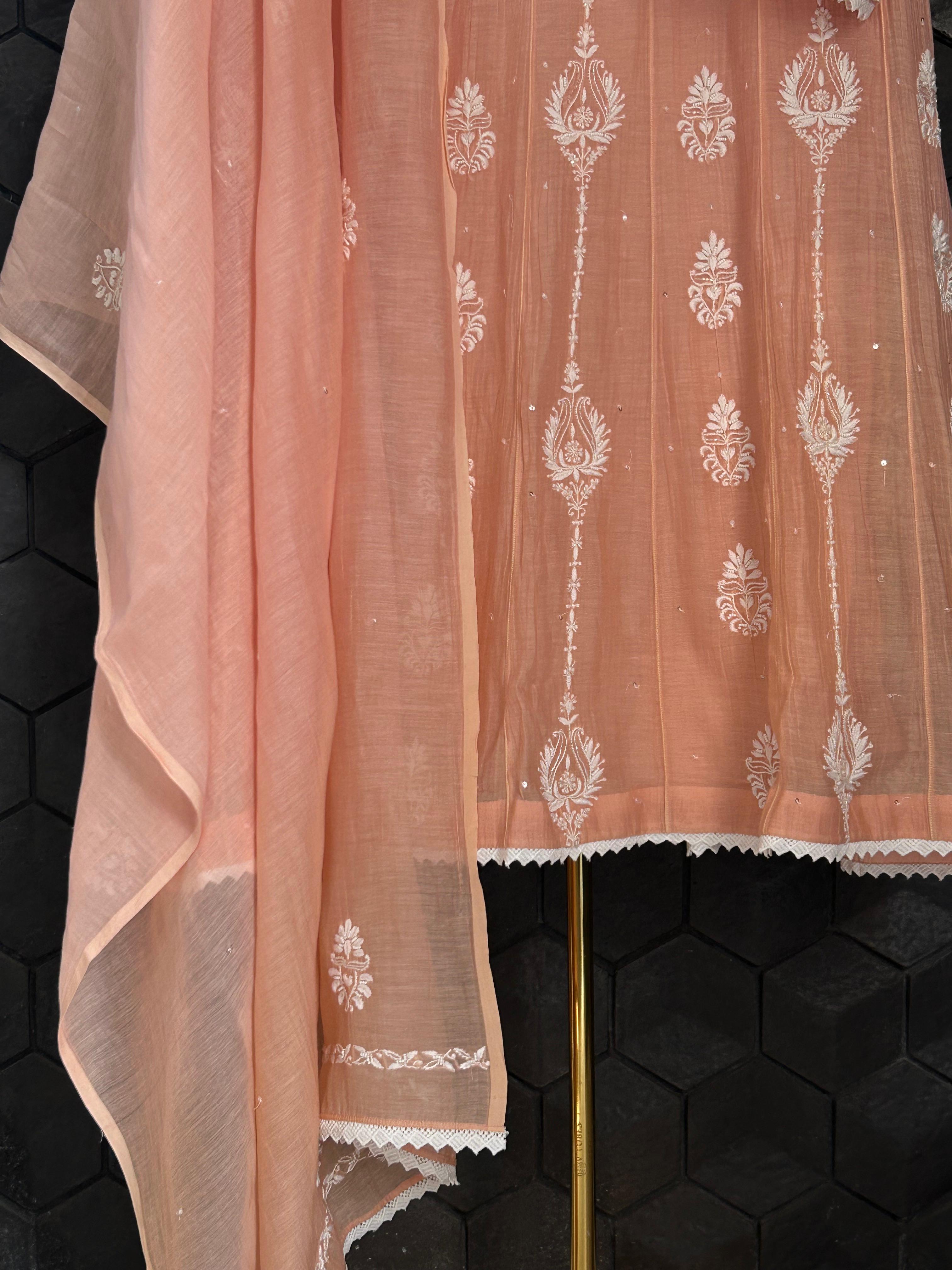 Peach mul chanderi chikankari anarkali set
