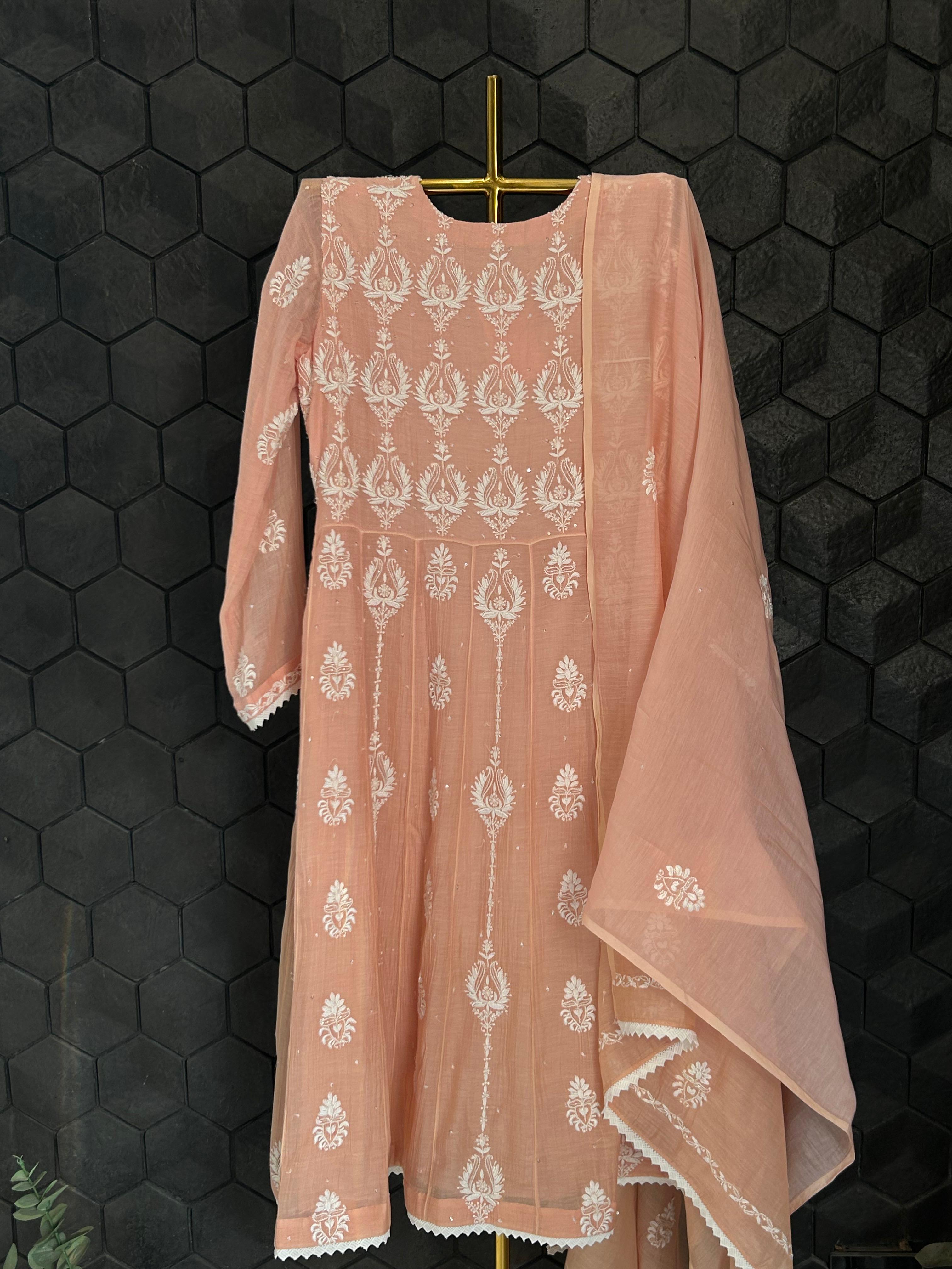 Peach mul chanderi chikankari anarkali set
