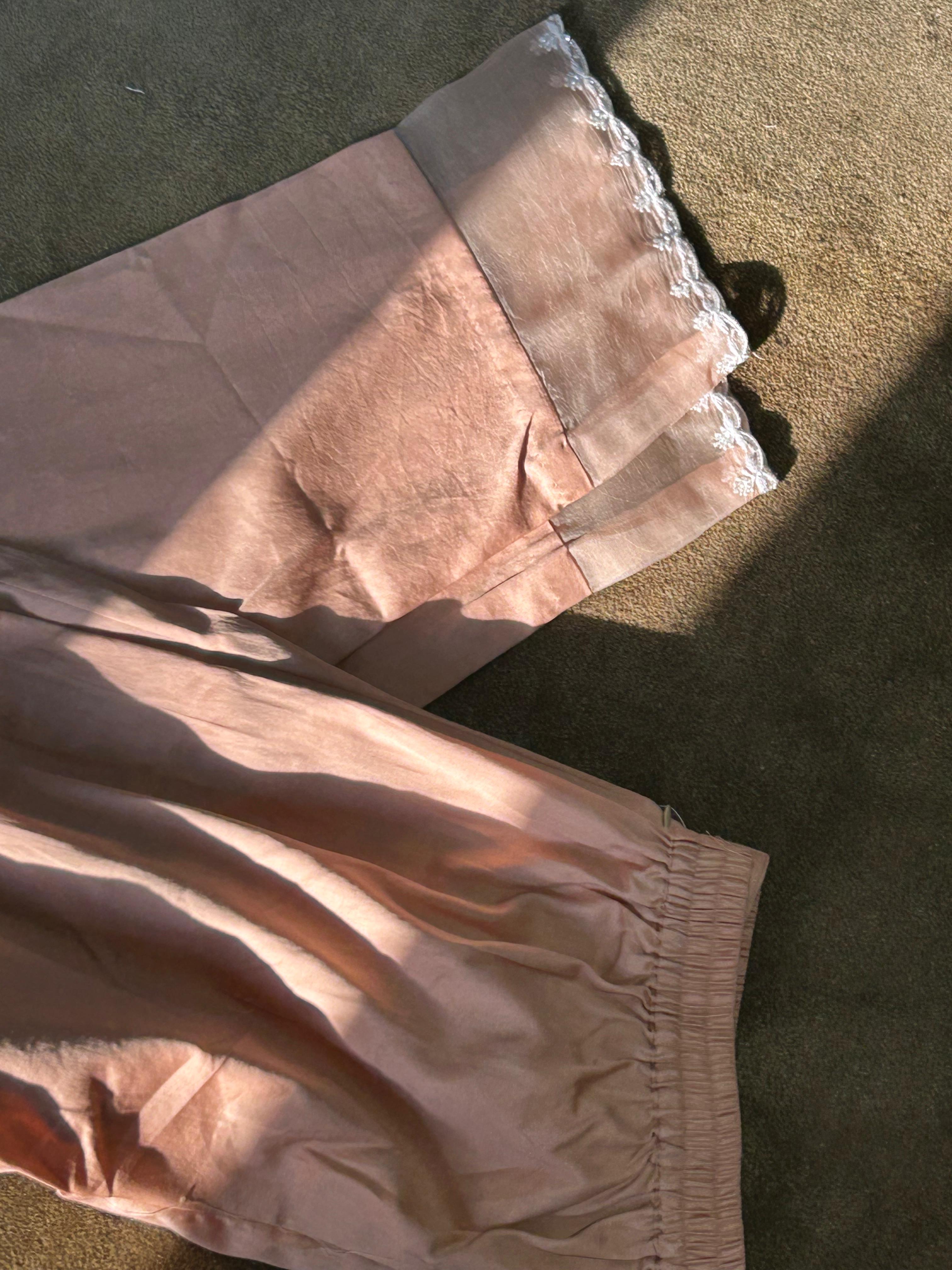 Peach mul chanderi chikankari anarkali set