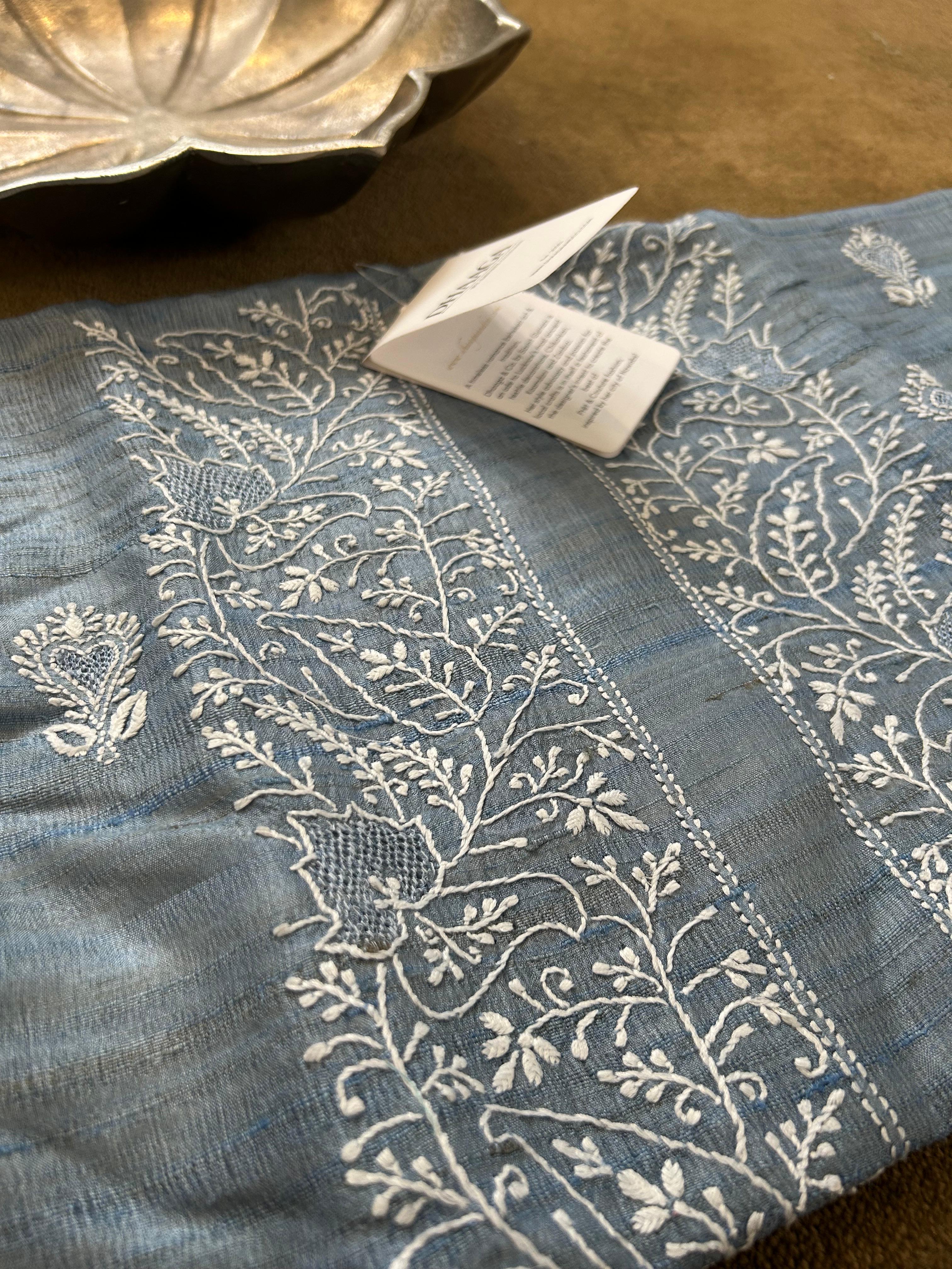 Blue Tussar silk chikankari men kurta
