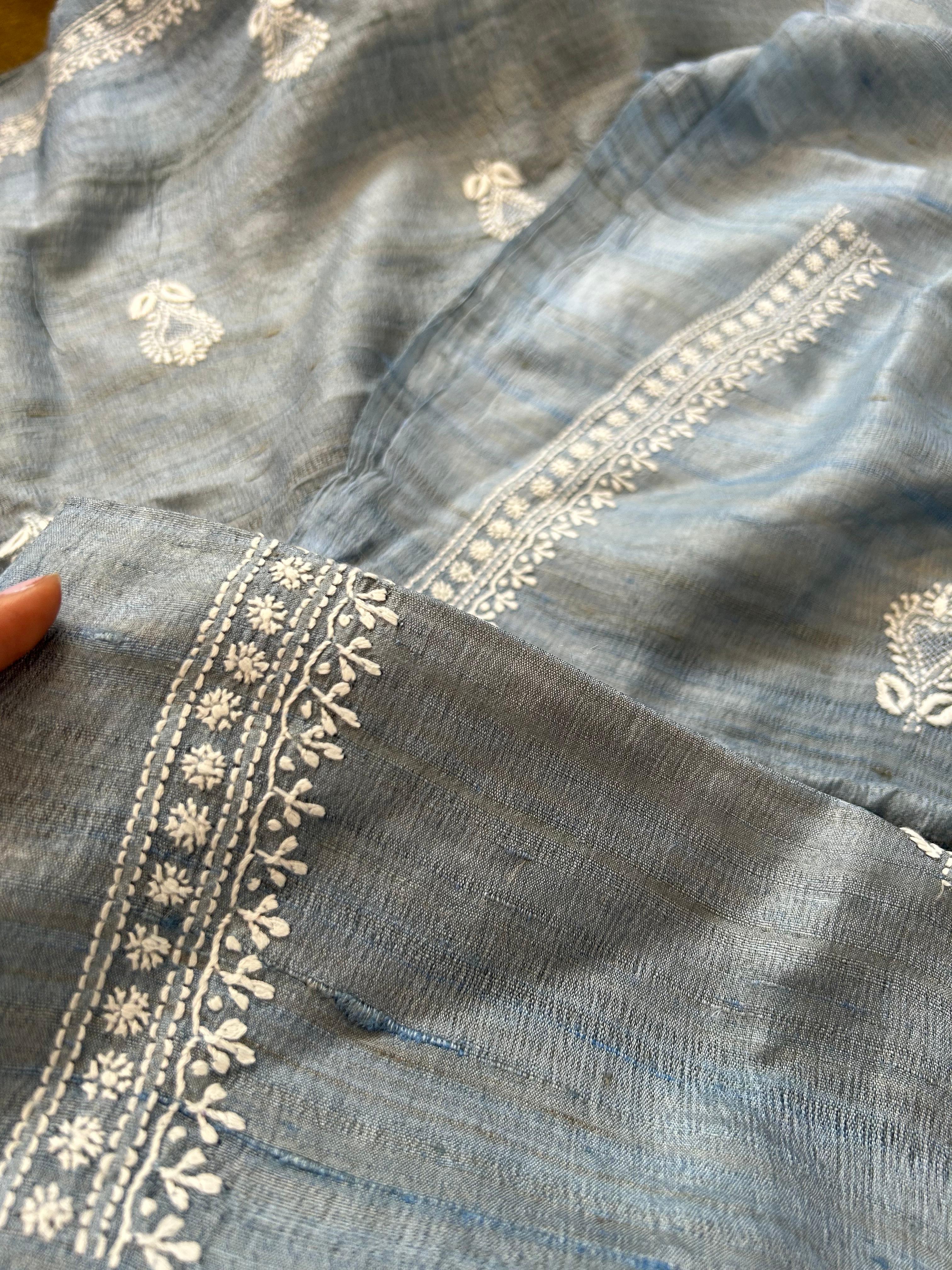 Blue Tussar silk chikankari men kurta