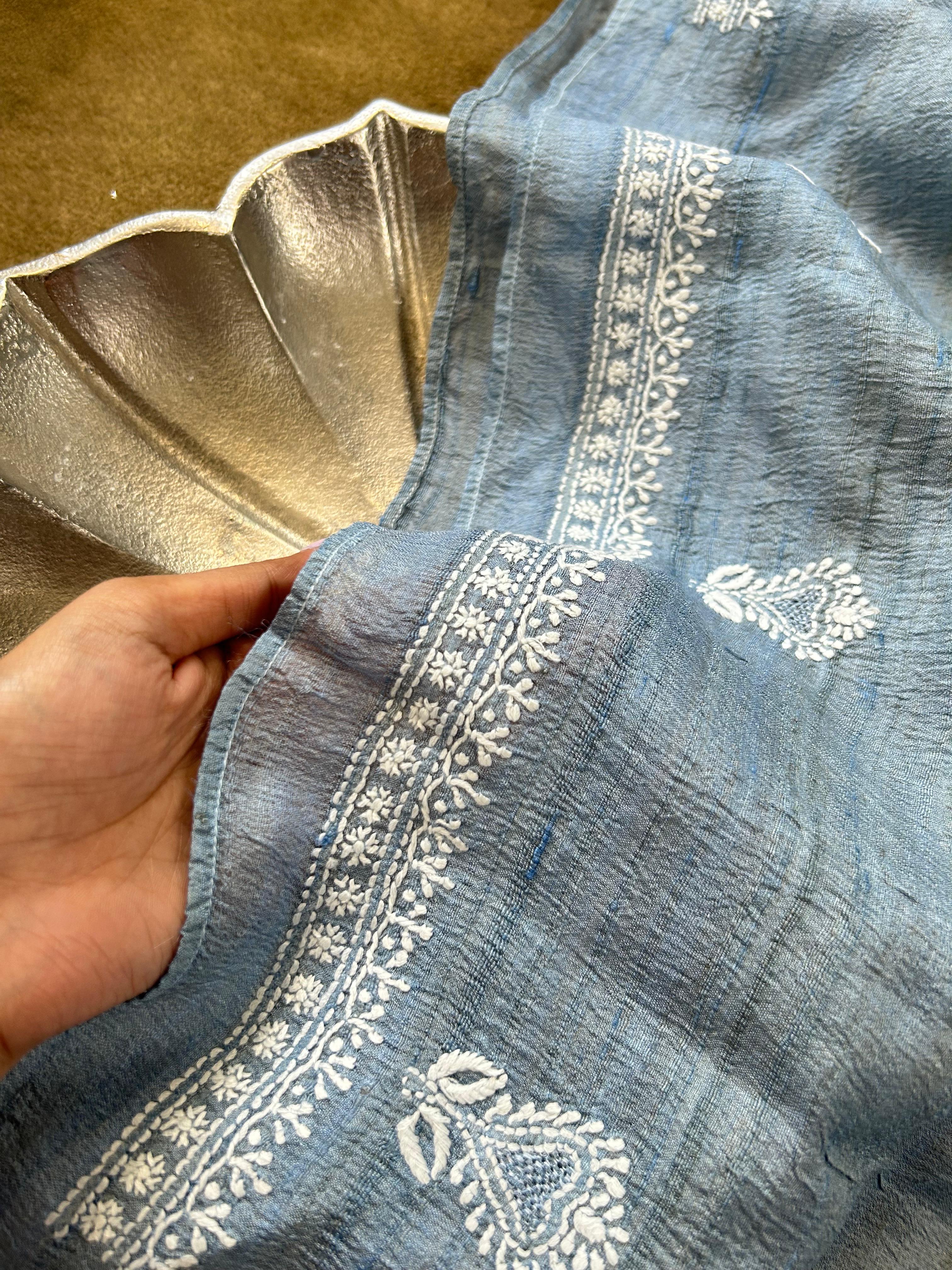 Blue Tussar silk chikankari men kurta