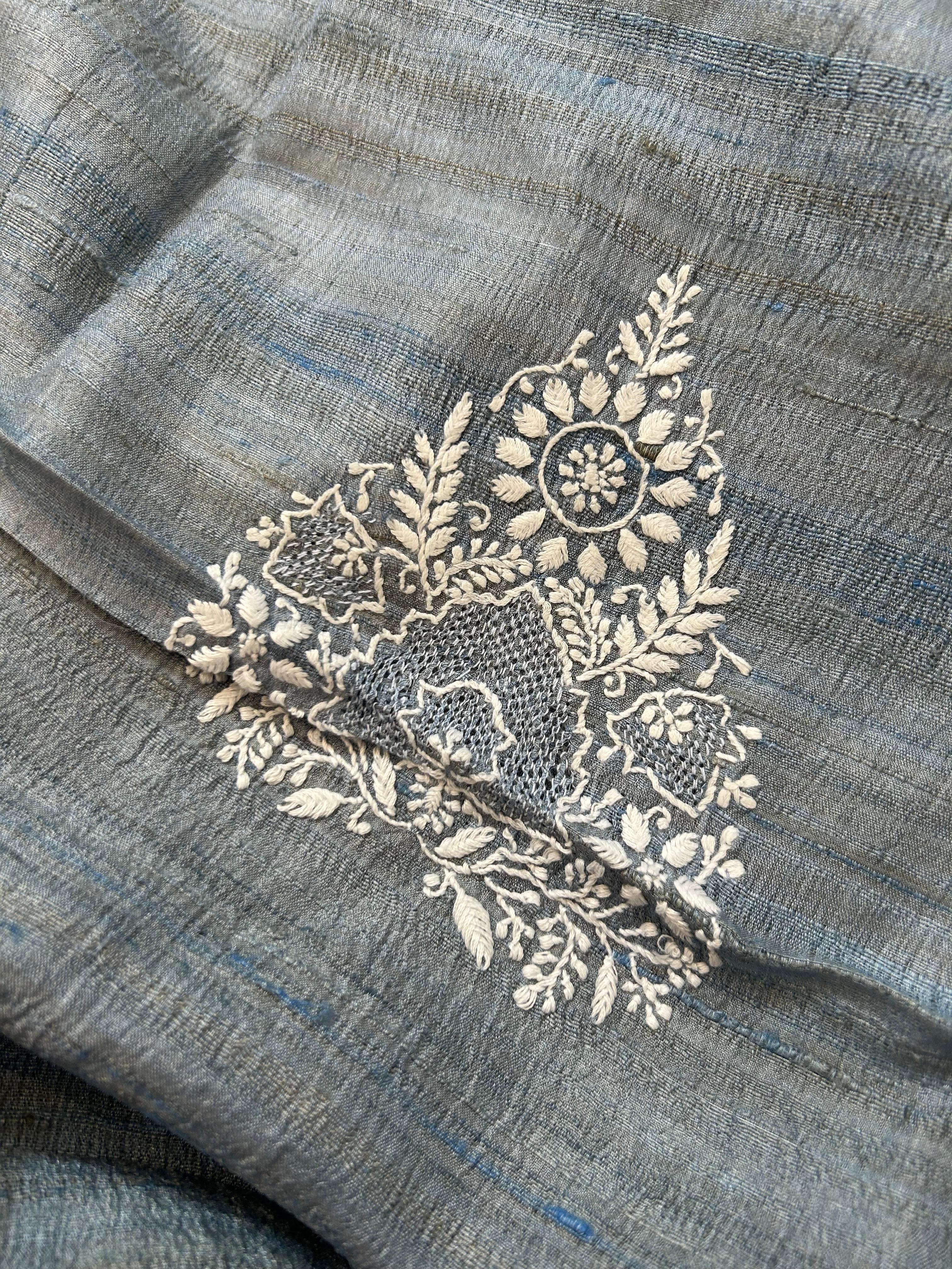 Blue Tussar silk chikankari men kurta