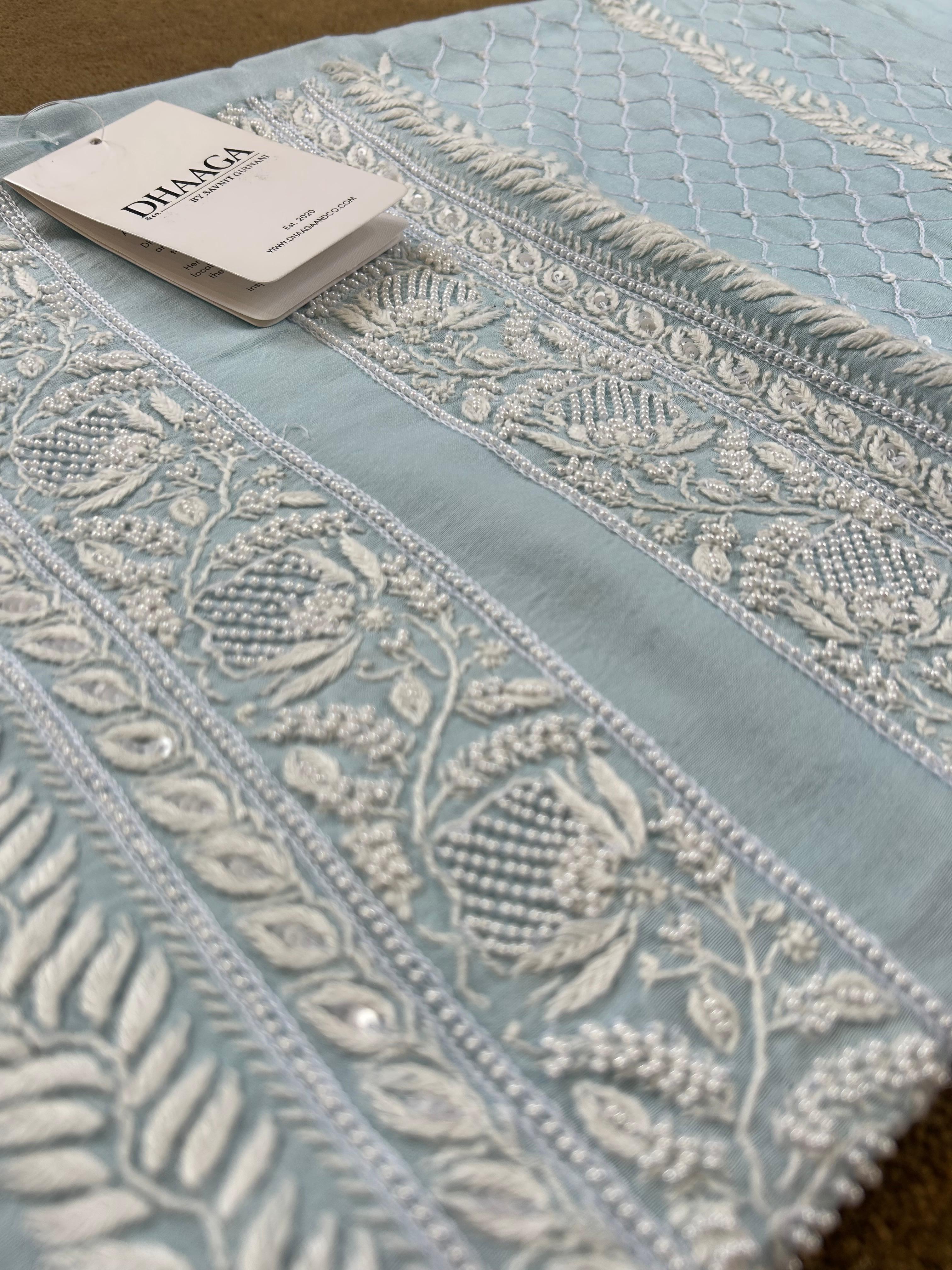 Blue Chanderi Chikankari mens kurta