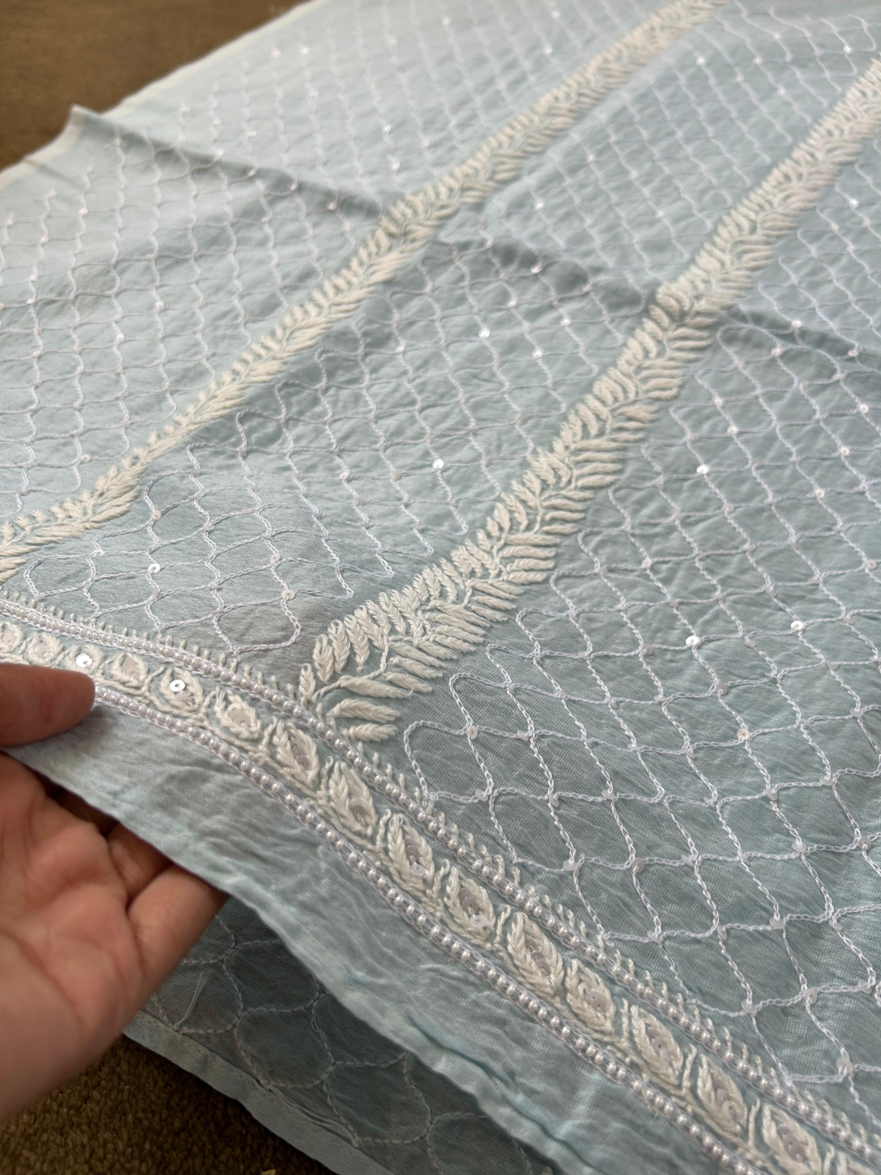 Blue Chanderi Chikankari mens kurta