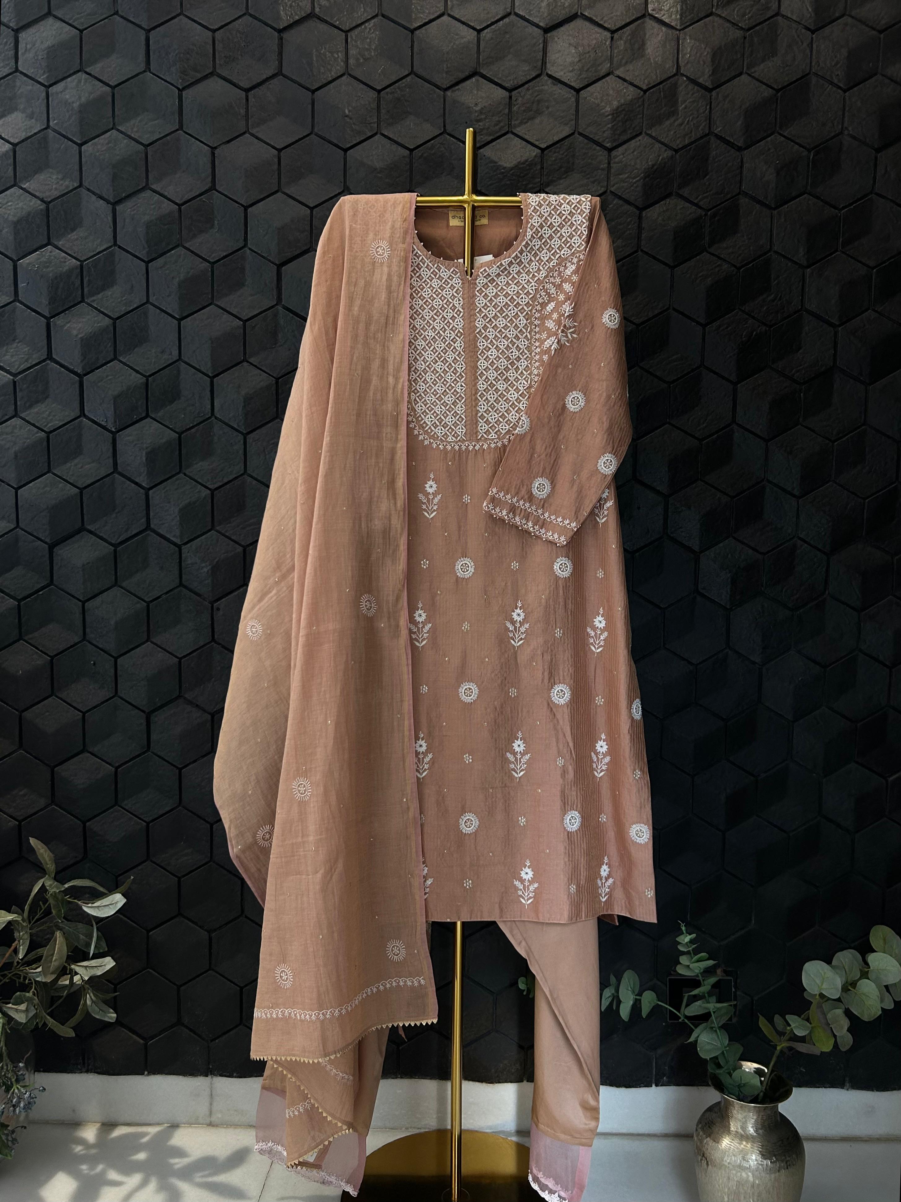 Rust Zari Stripped Tissue Chikankari Kurta Set
