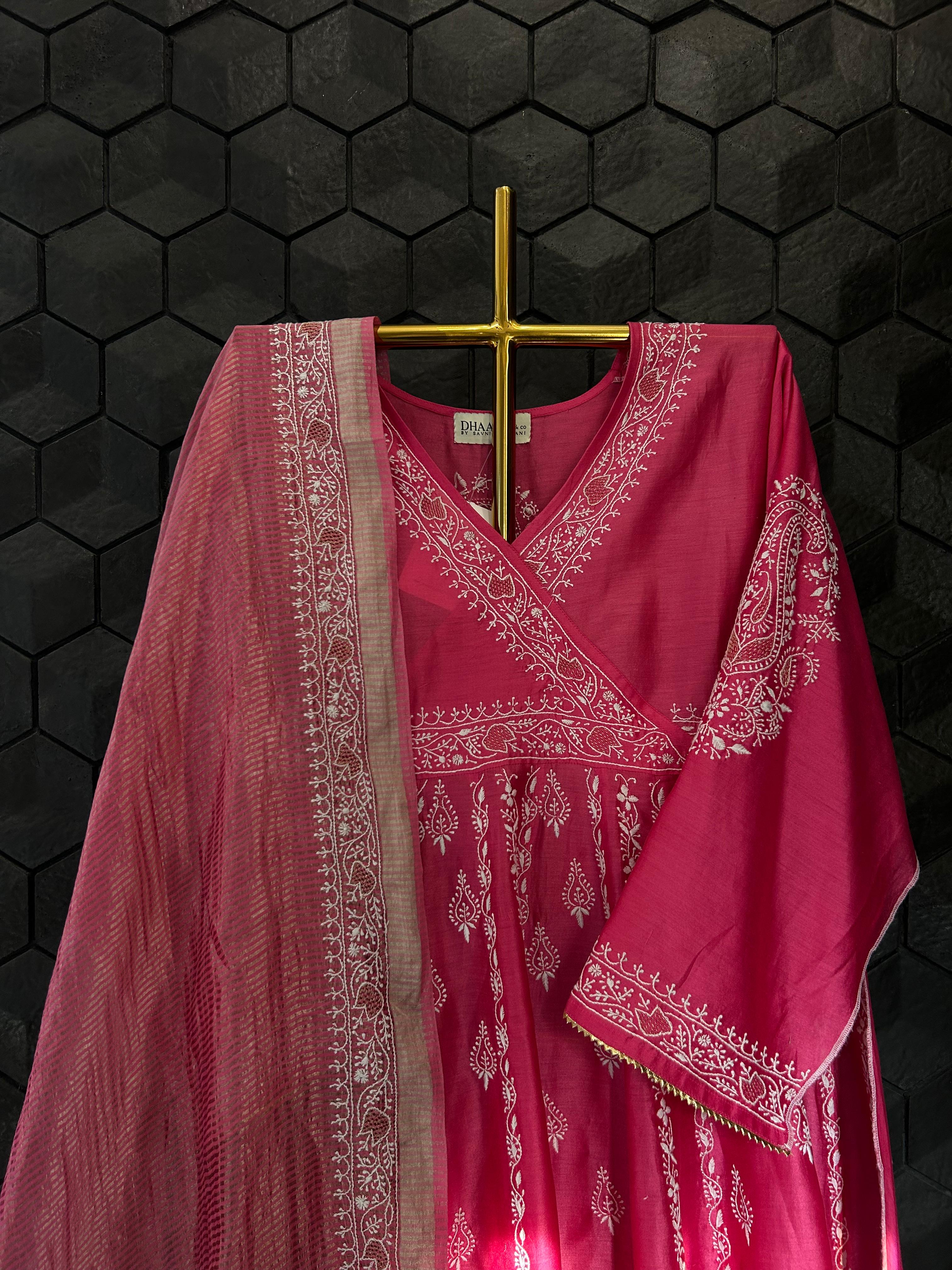 Magenta Chanderi Chikankari angarkha set