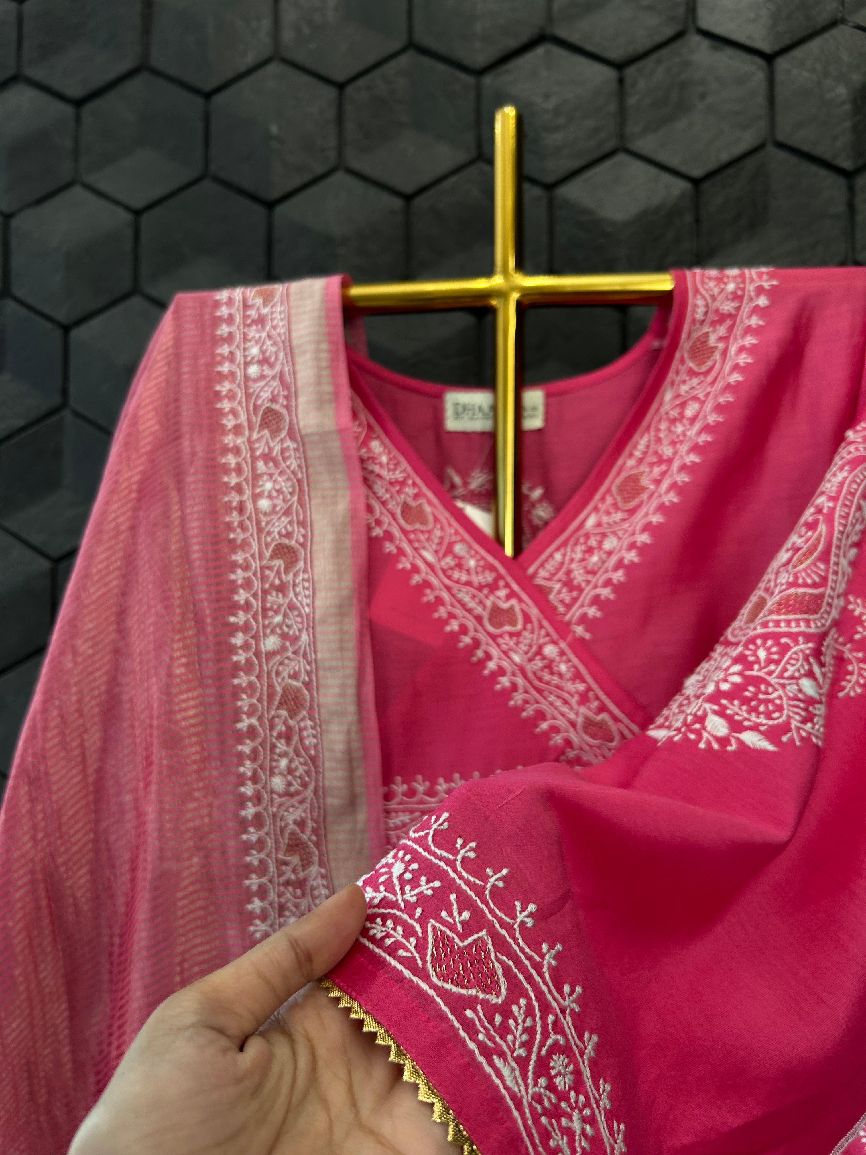 Magenta Chanderi Chikankari angarkha set
