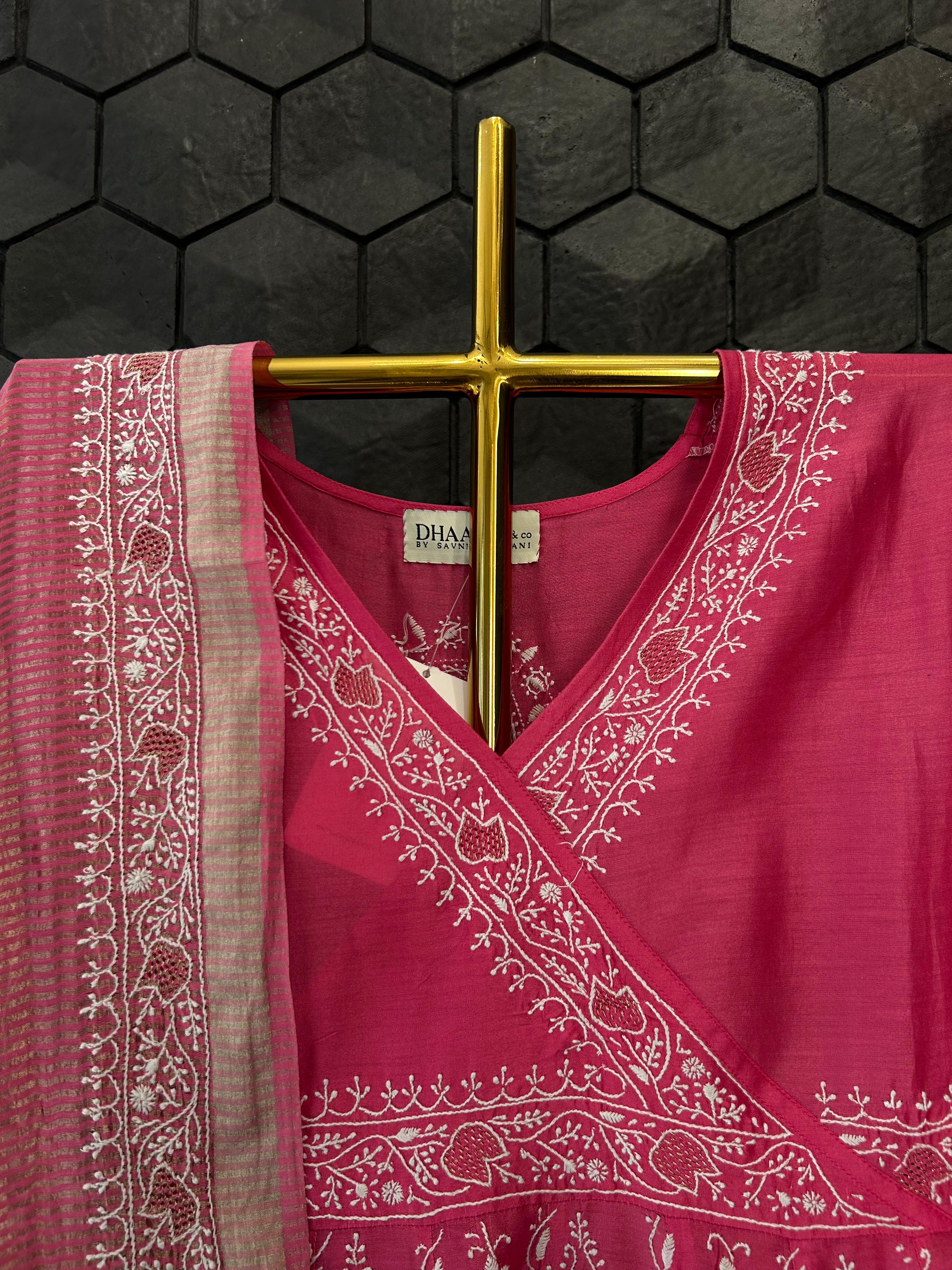 Magenta Chanderi Chikankari angarkha set