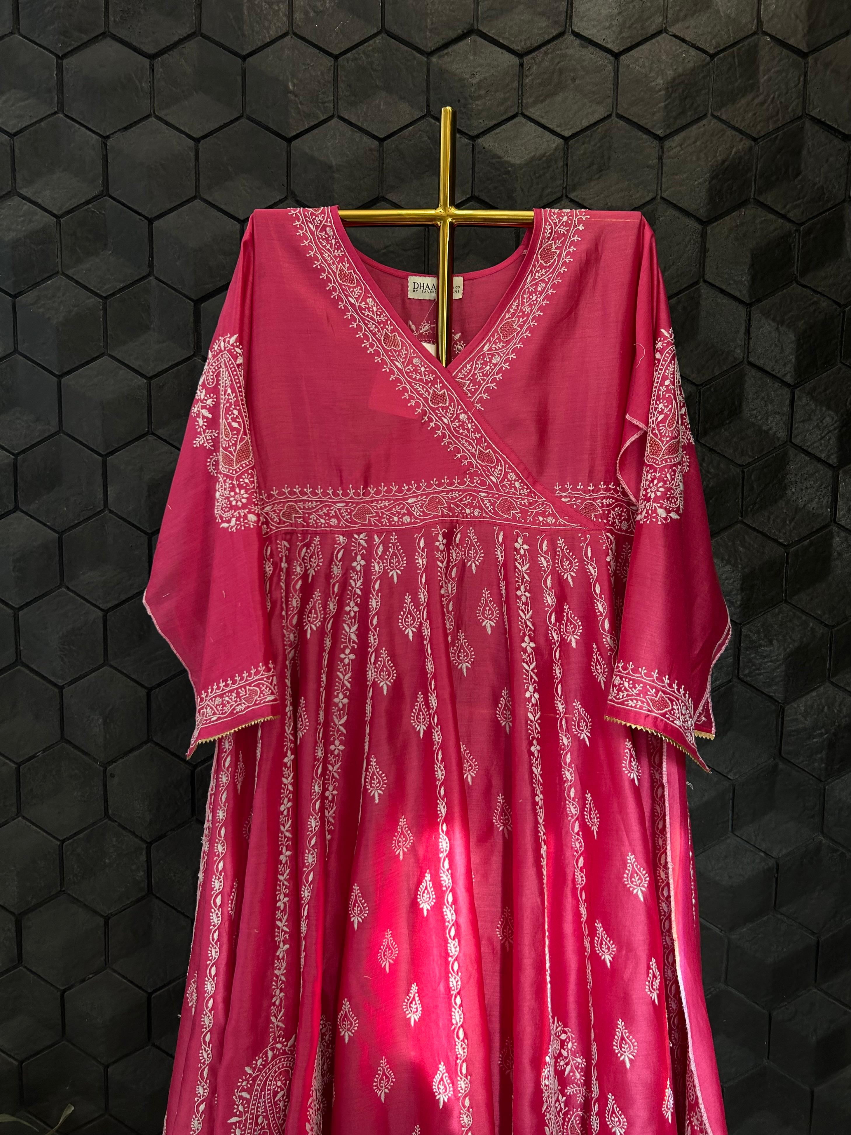 Magenta Chanderi Chikankari angarkha set