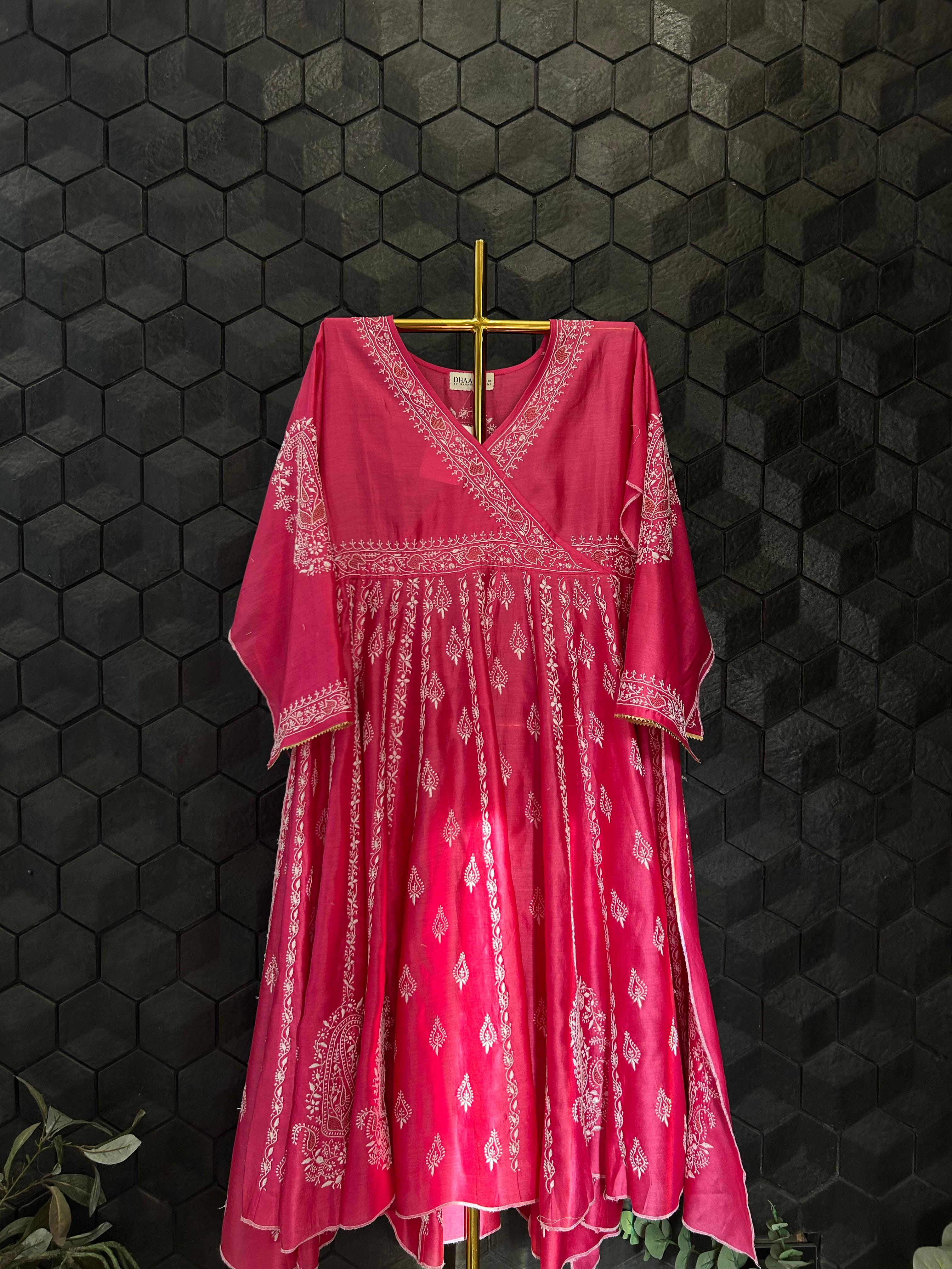 Magenta Chanderi Chikankari angarkha set