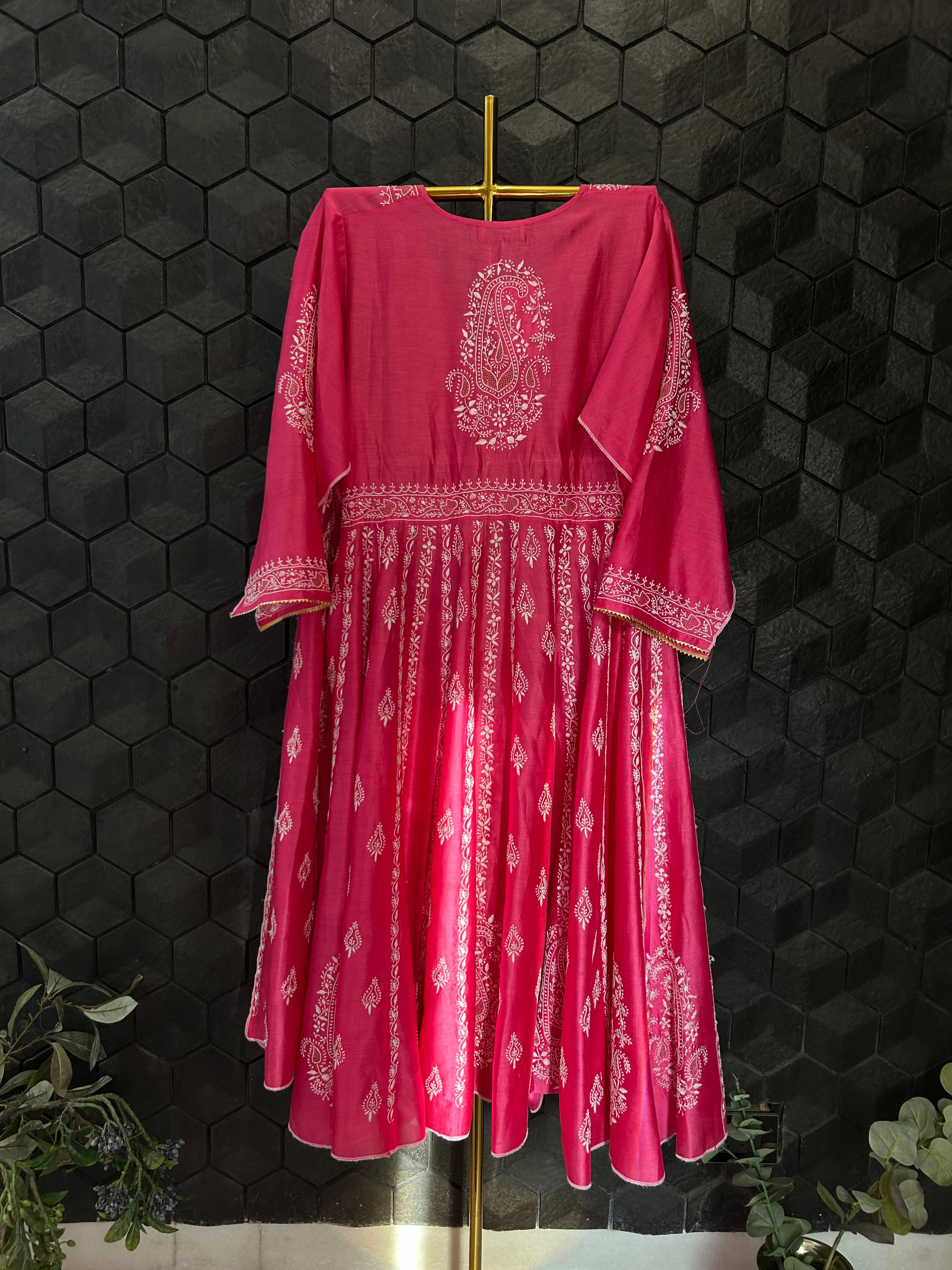 Magenta Chanderi Chikankari angarkha set