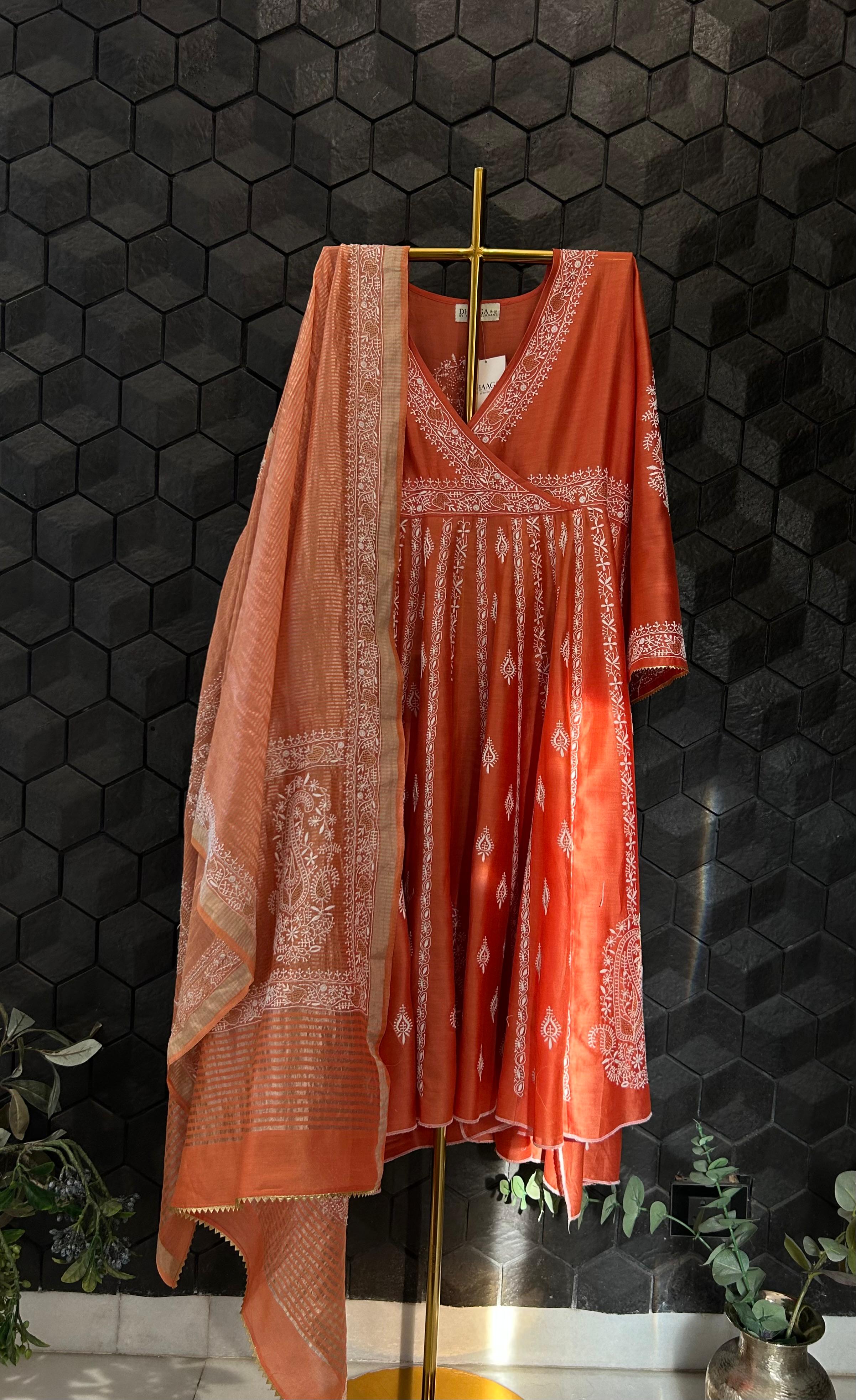 Orange chanderi chikankari angarkha set