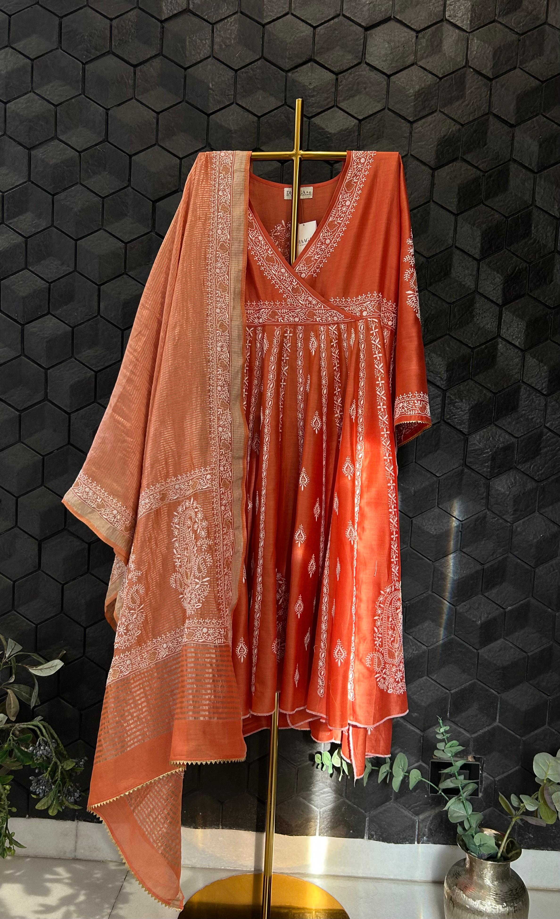 Orange chanderi chikankari angarkha set