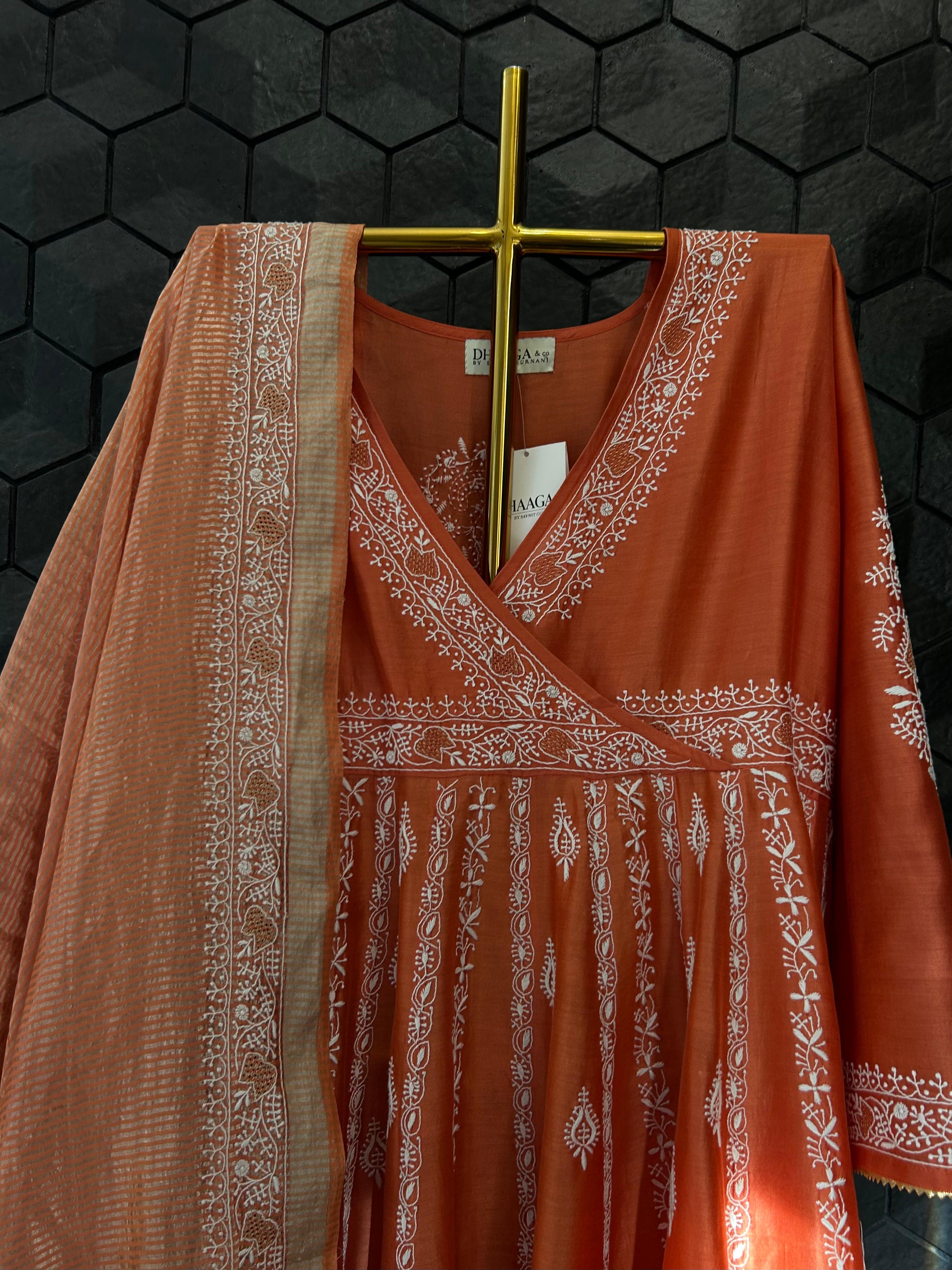 Orange chanderi chikankari angarkha set