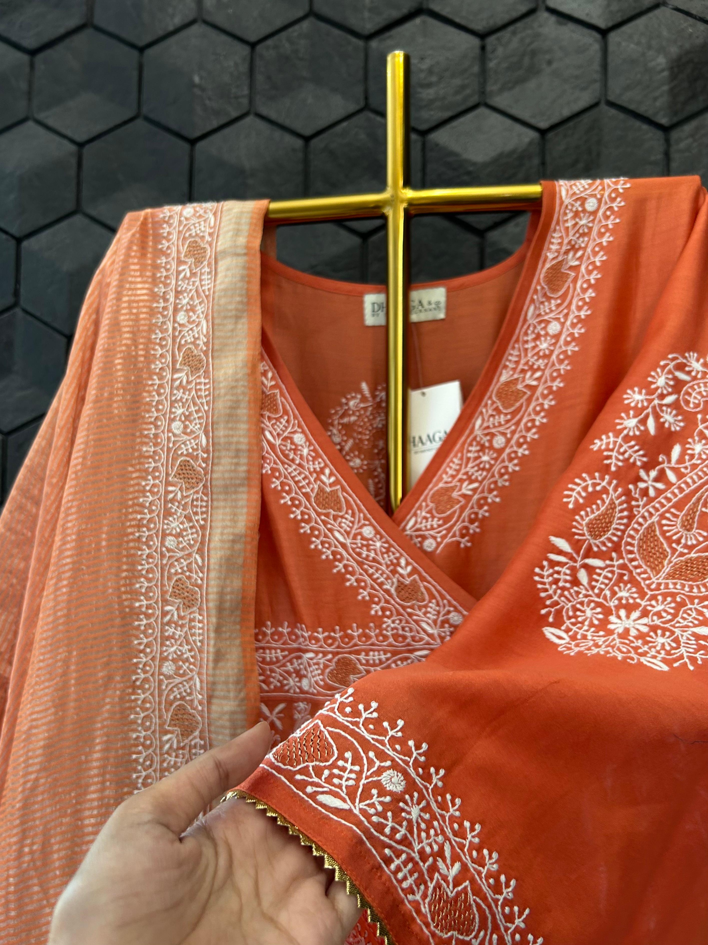 Orange chanderi chikankari angarkha set