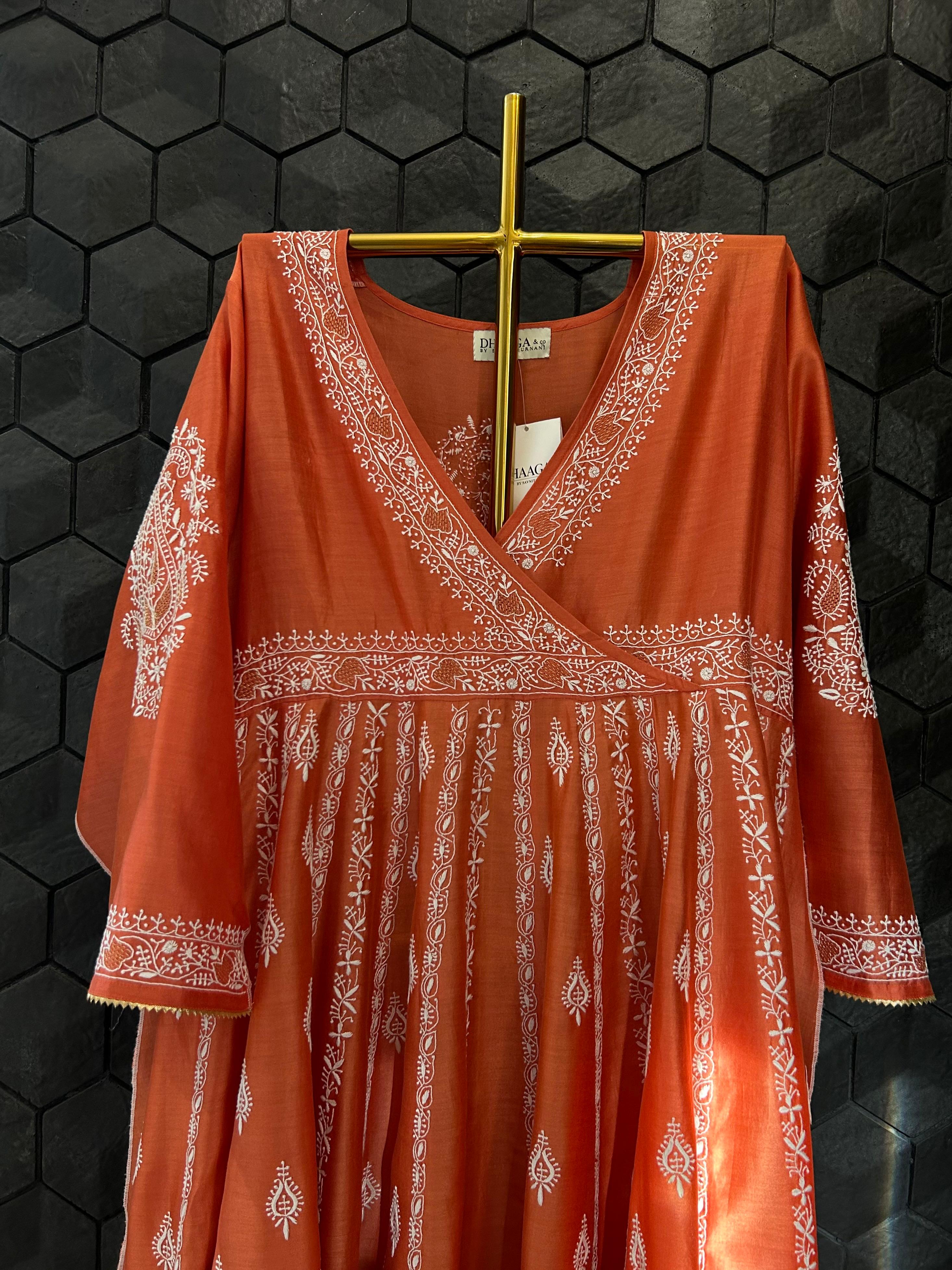 Orange chanderi chikankari angarkha set