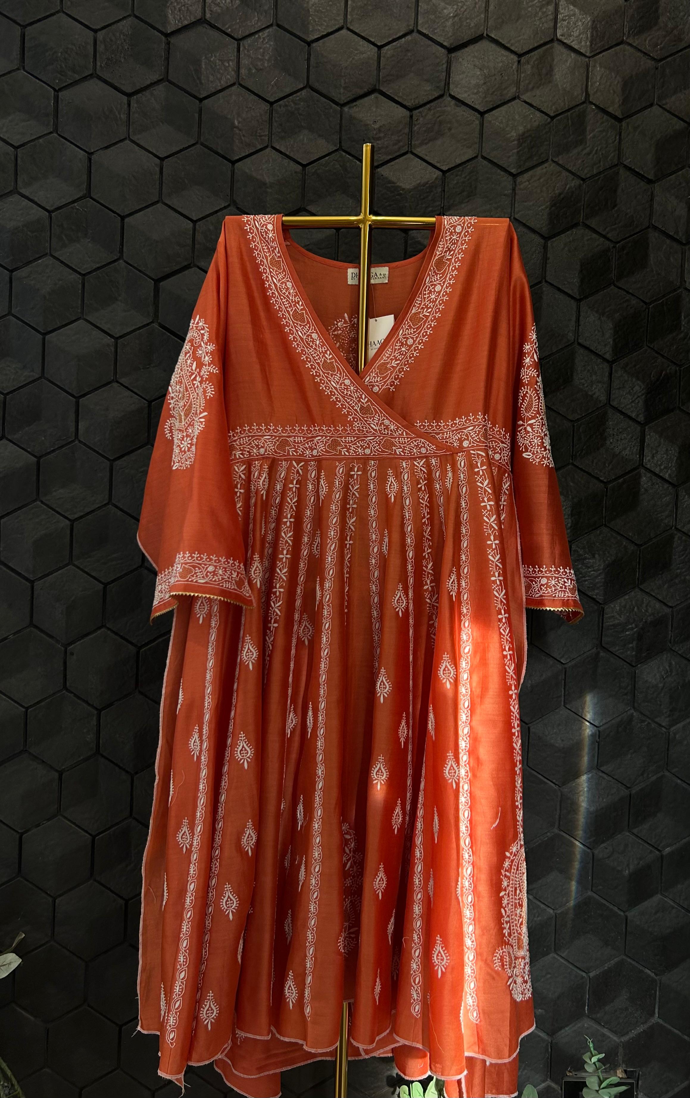 Orange chanderi chikankari angarkha set