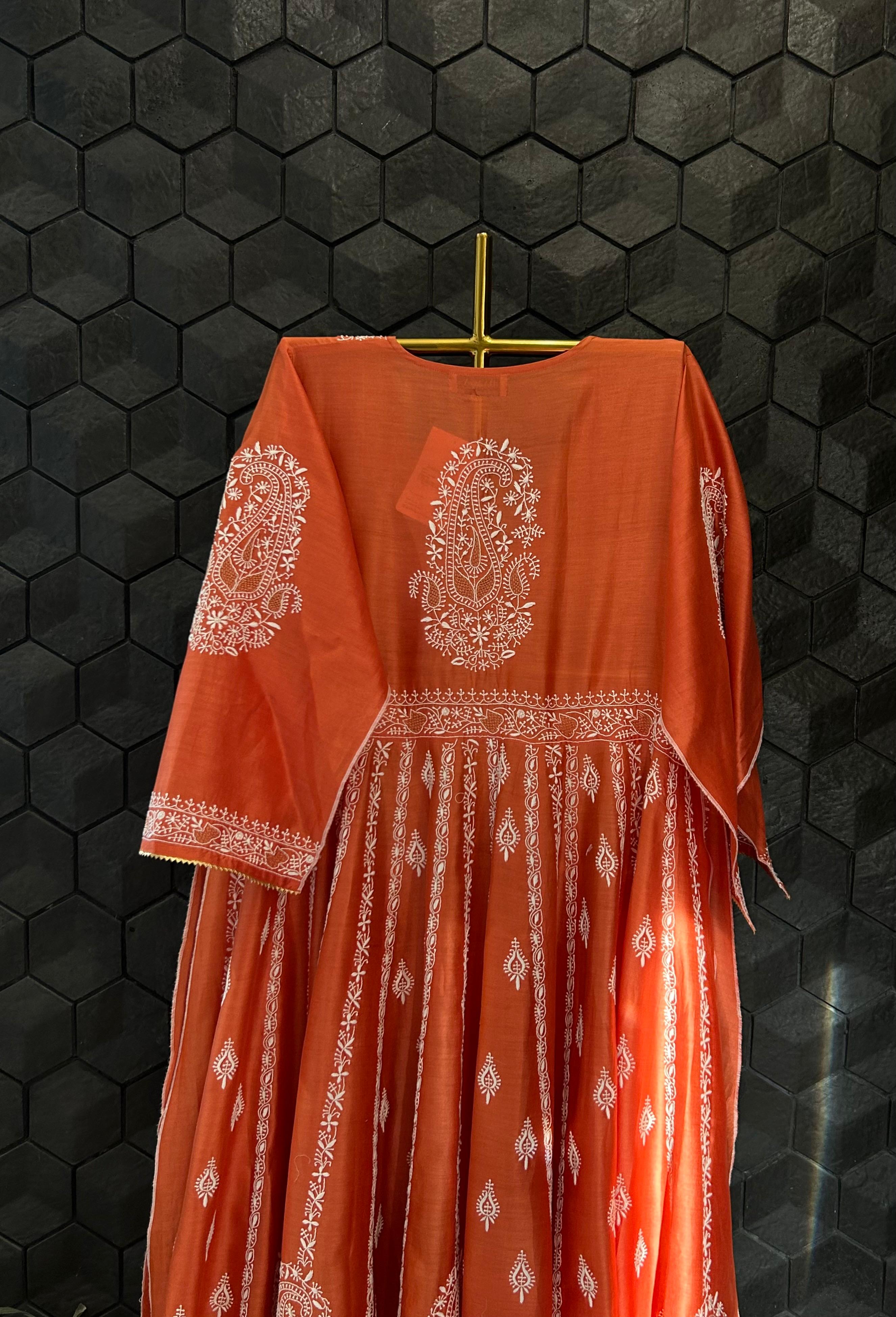 Orange chanderi chikankari angarkha set