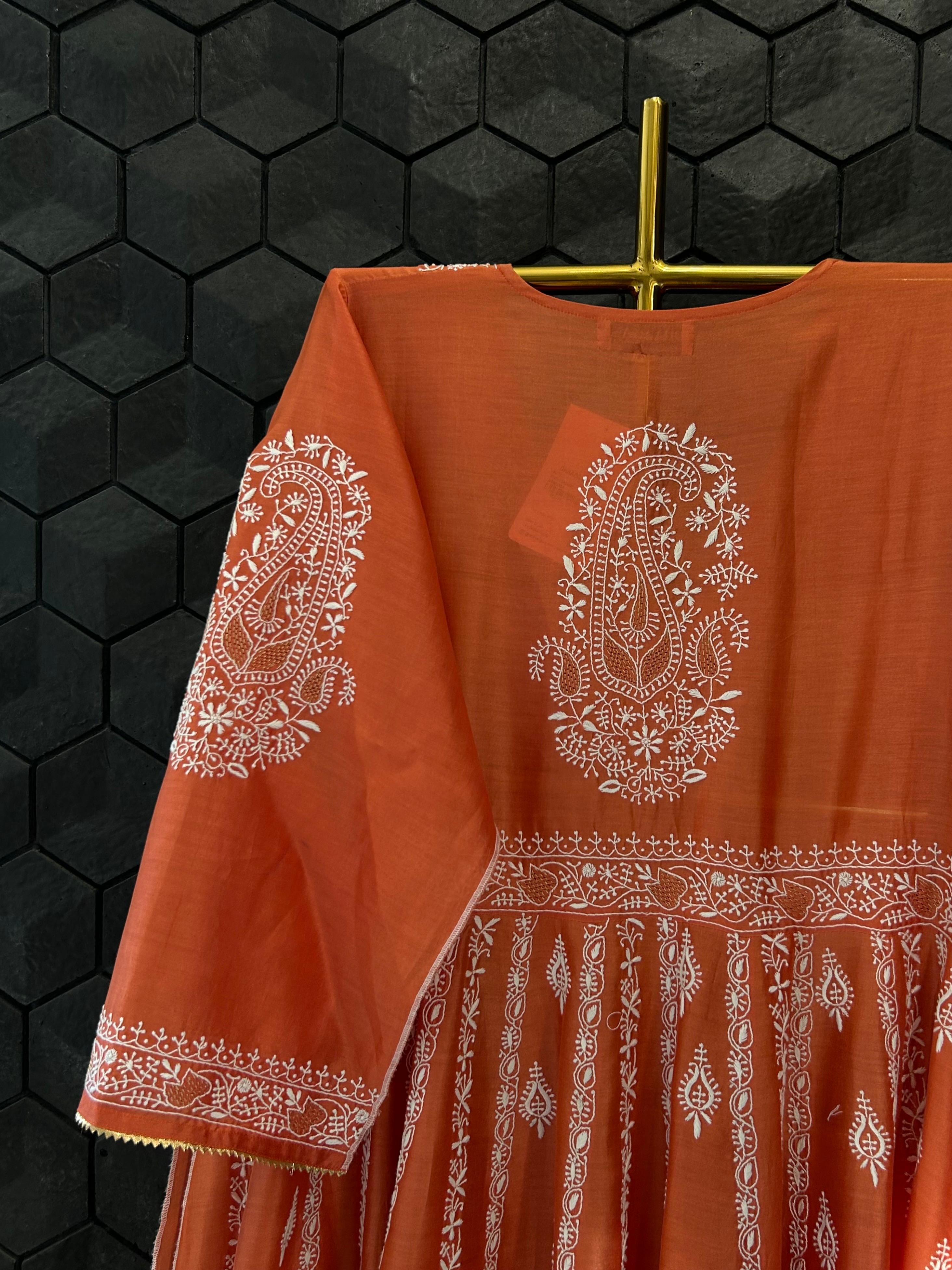 Orange chanderi chikankari angarkha set