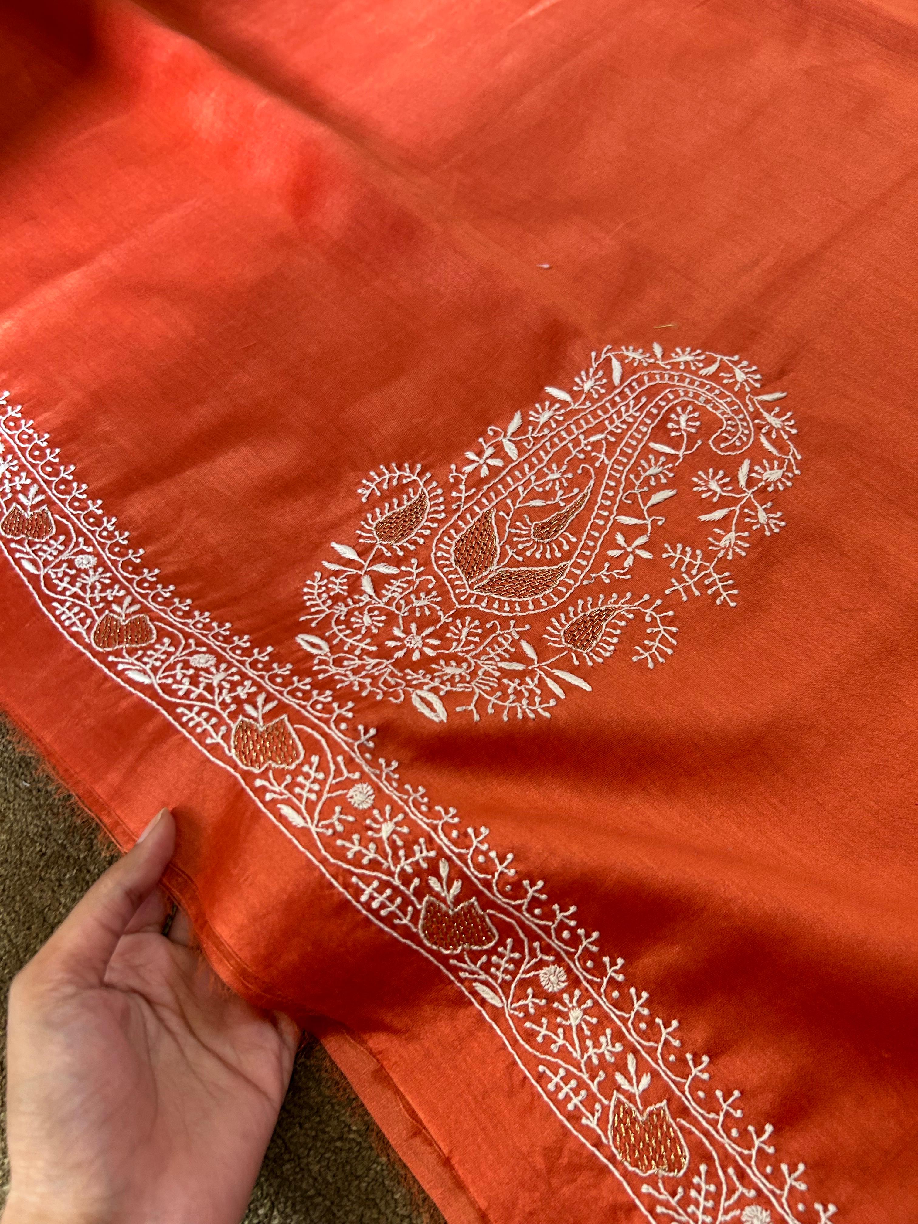 Orange chanderi chikankari angarkha set