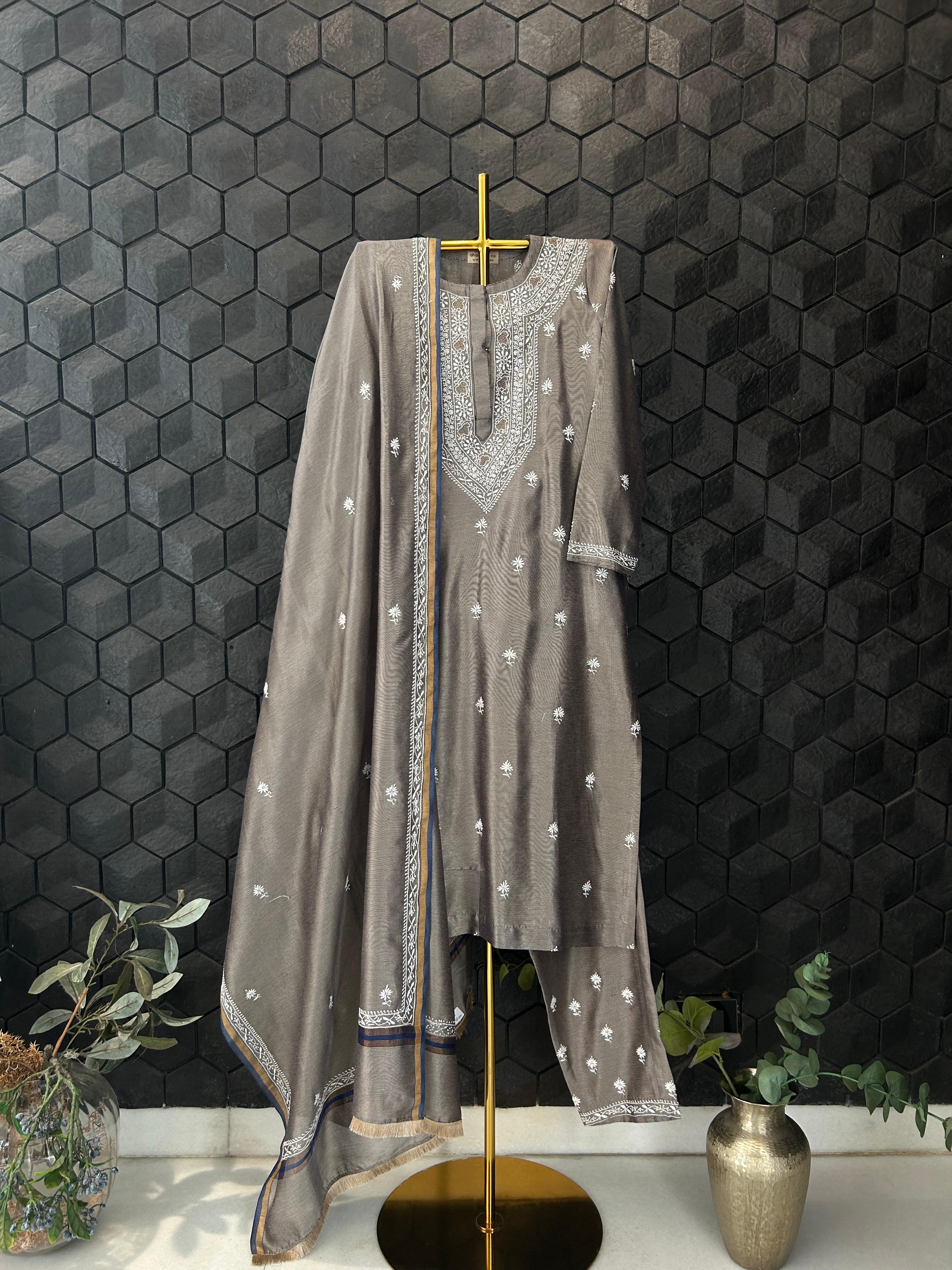 Grey Chanderi Chikankari kurta set