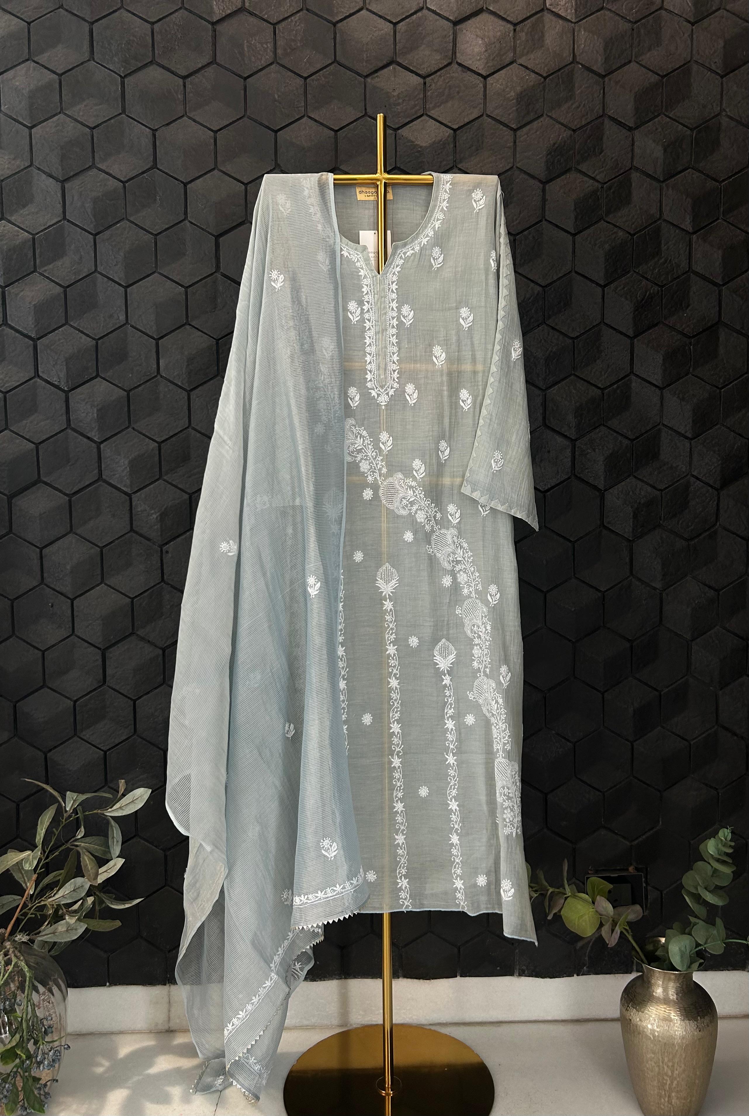 Blue tissue chikankari kurta set