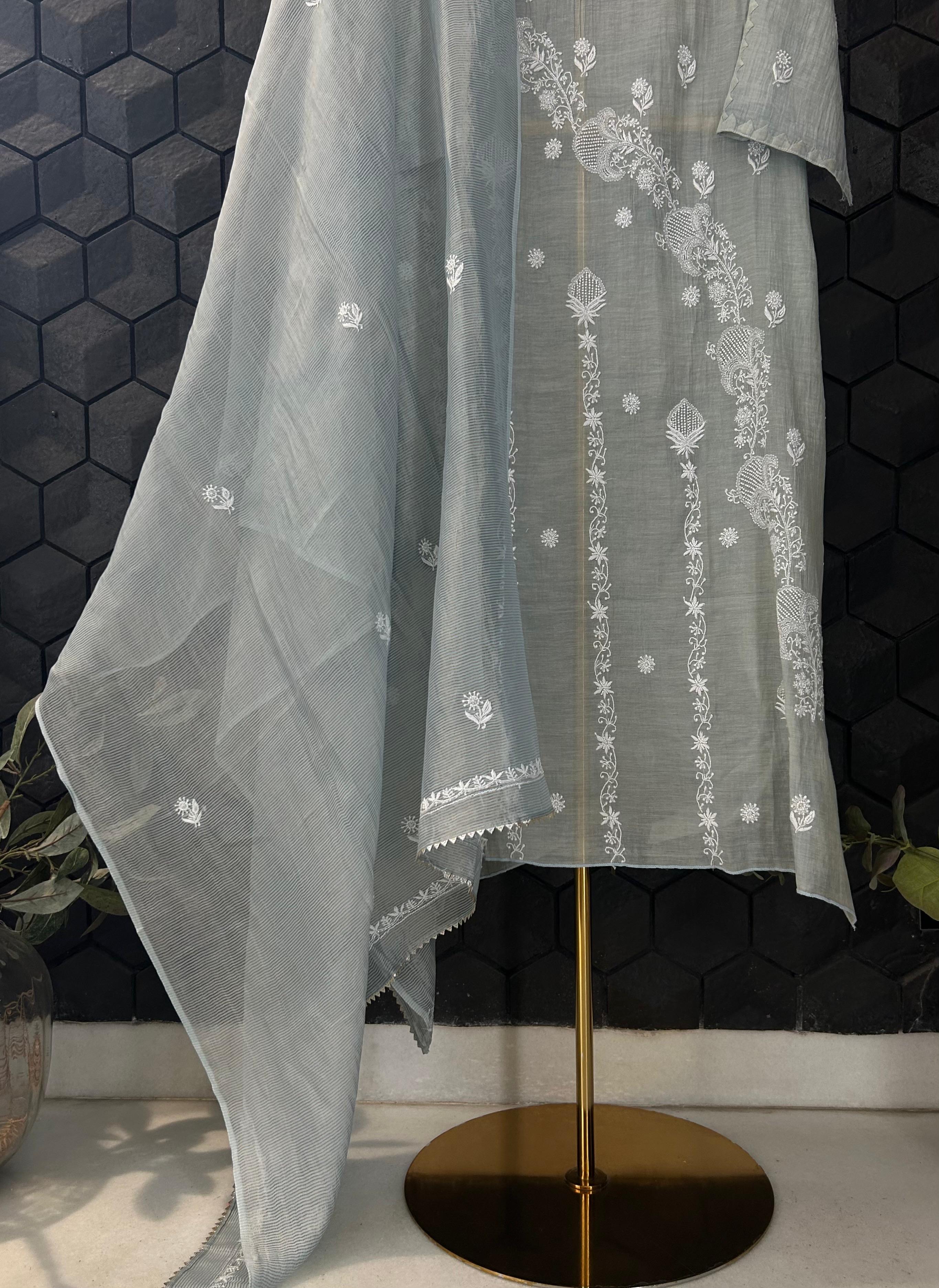 Blue tissue chikankari kurta set