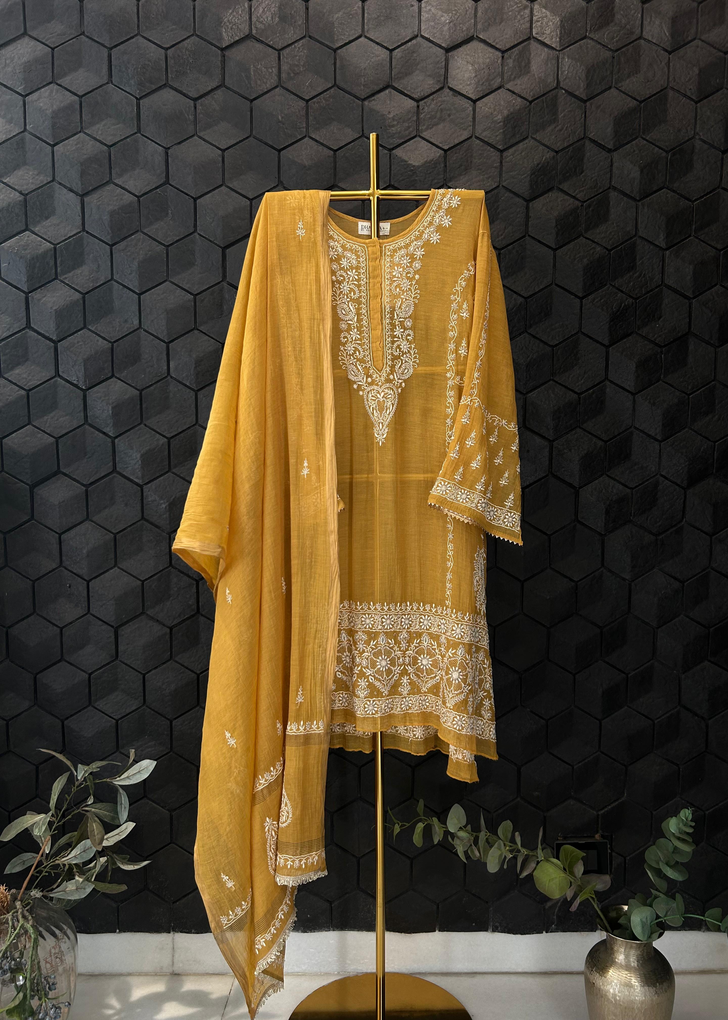 mustard zari tissue chikankari straight kurta set