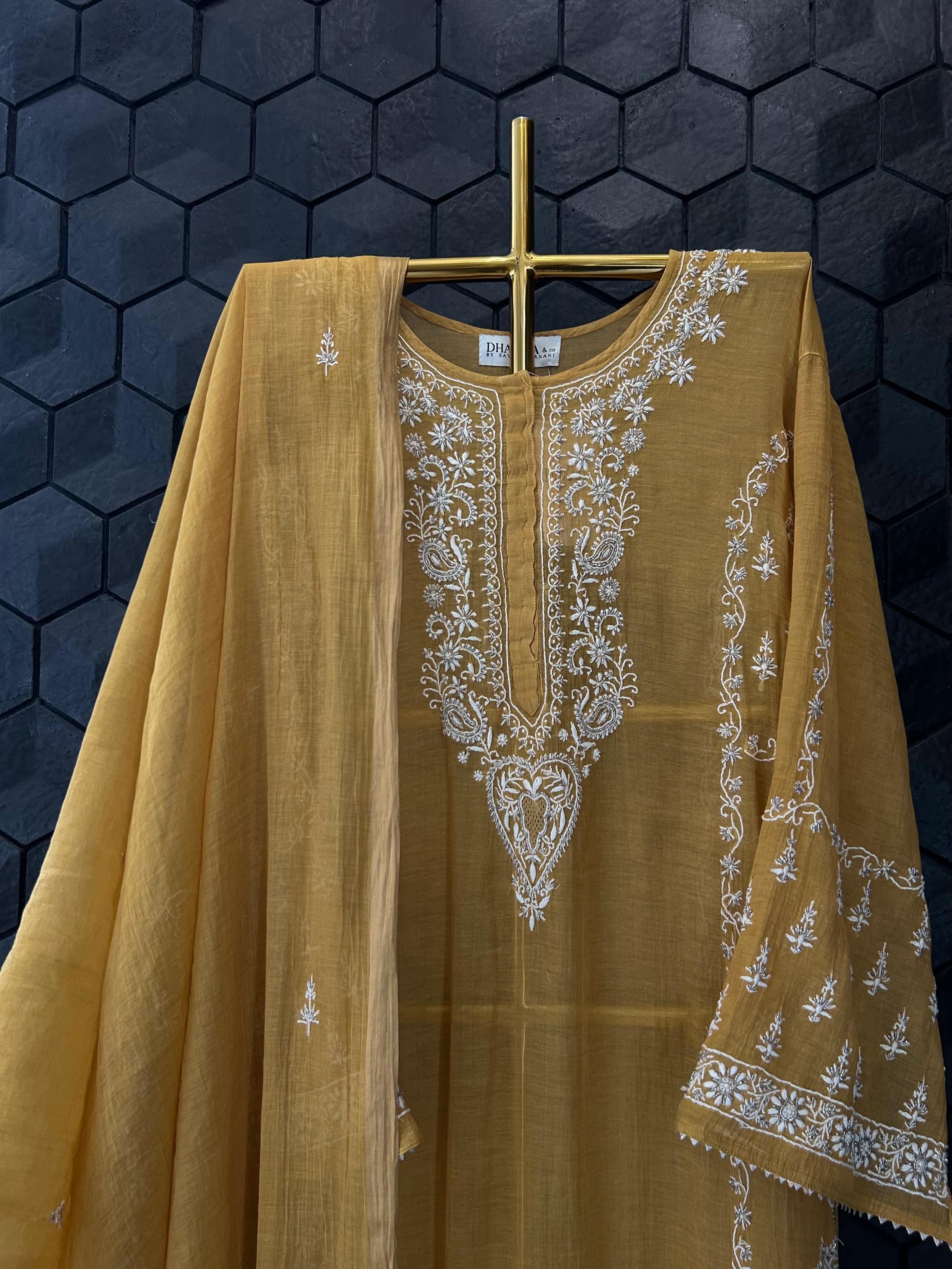 mustard zari tissue chikankari straight kurta set