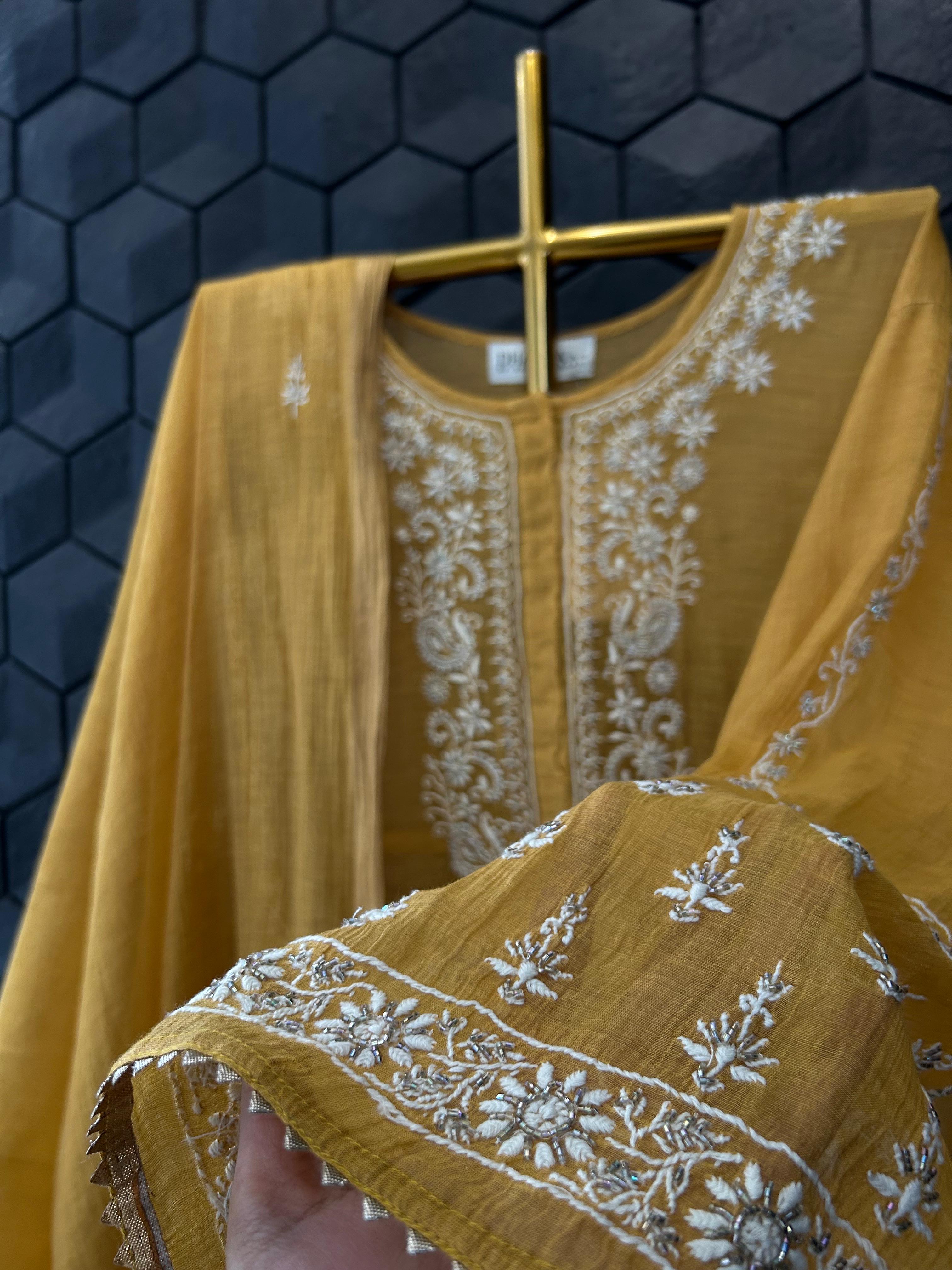 mustard zari tissue chikankari straight kurta set