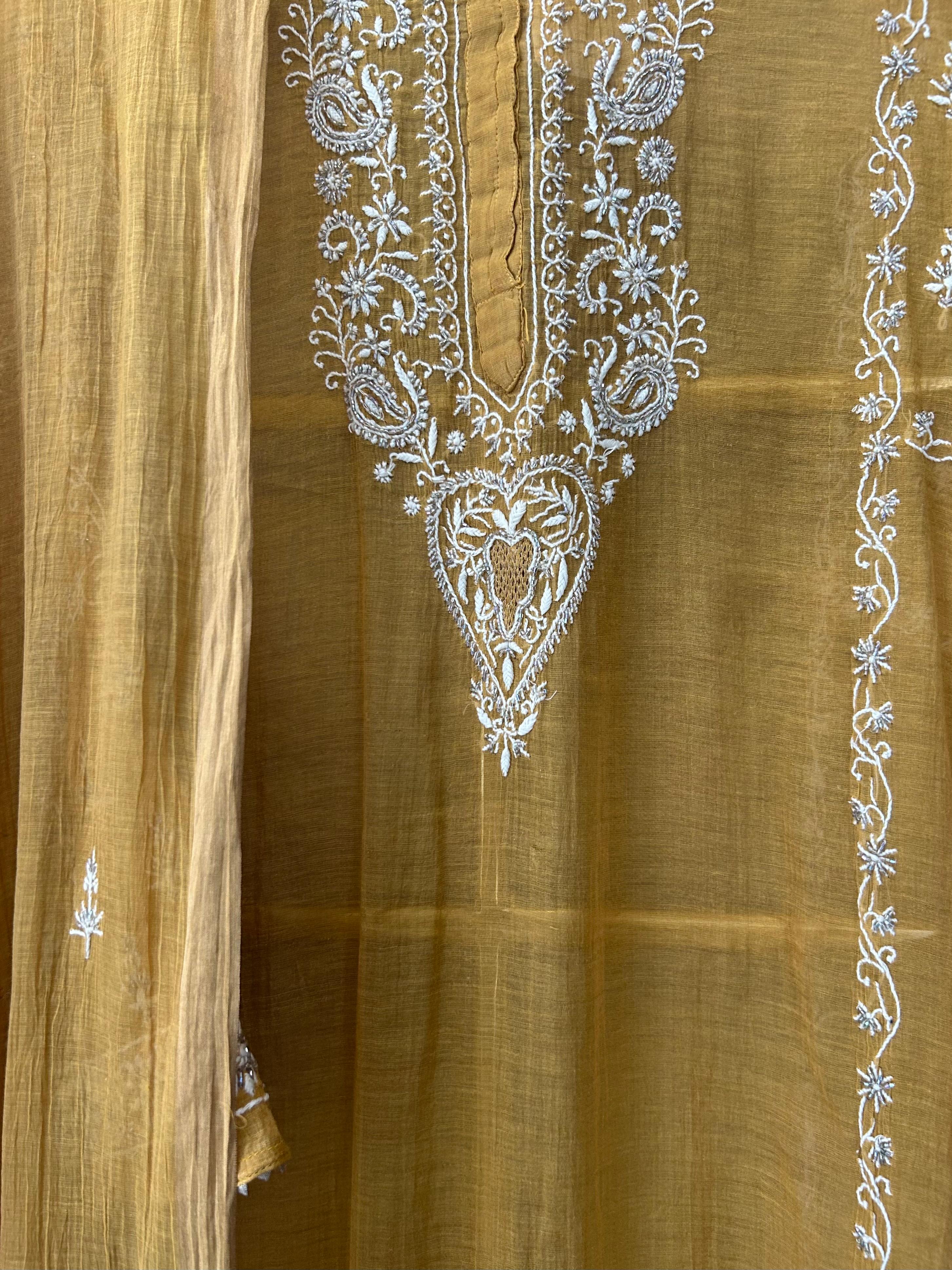 mustard zari tissue chikankari straight kurta set