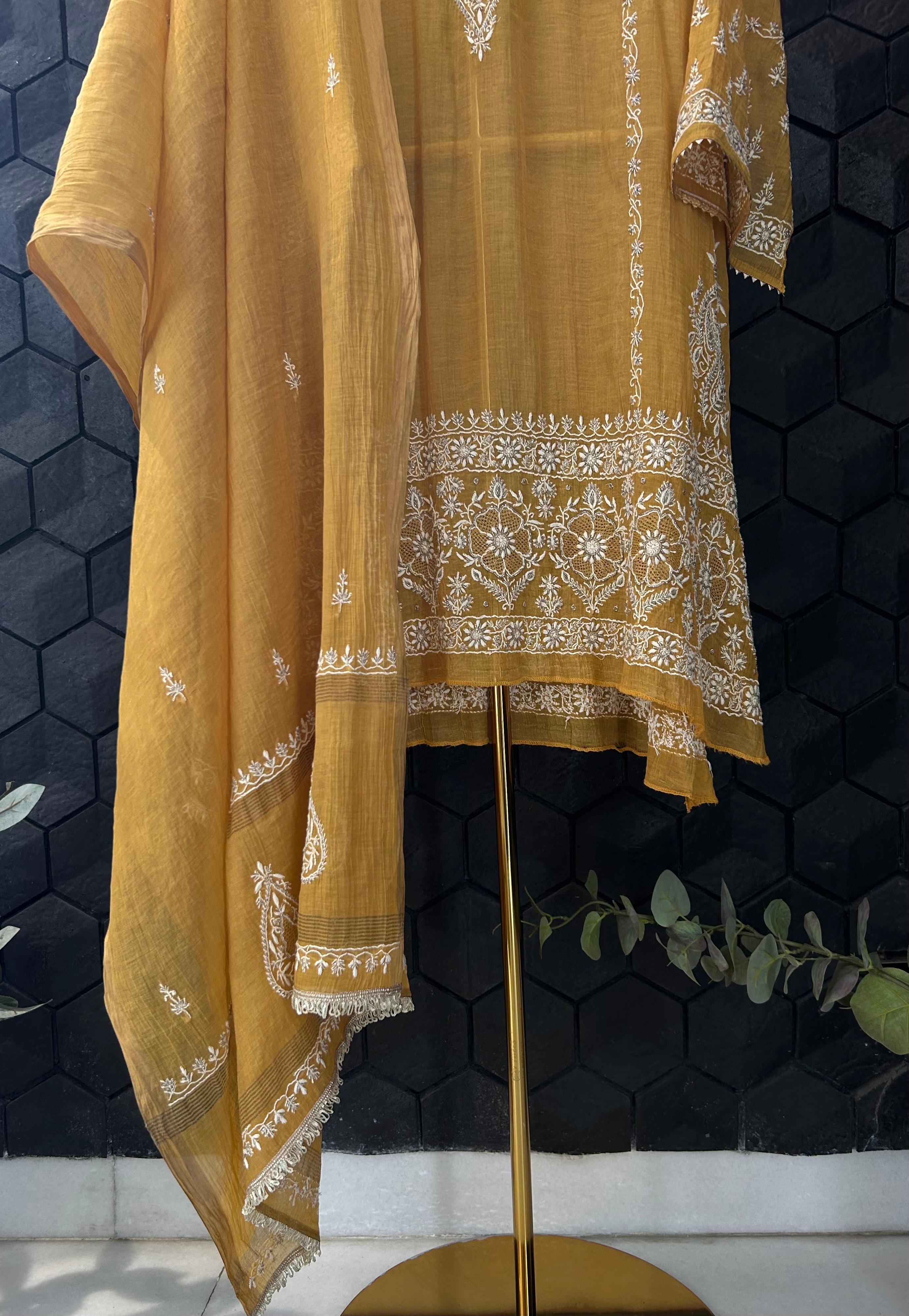 mustard zari tissue chikankari straight kurta set