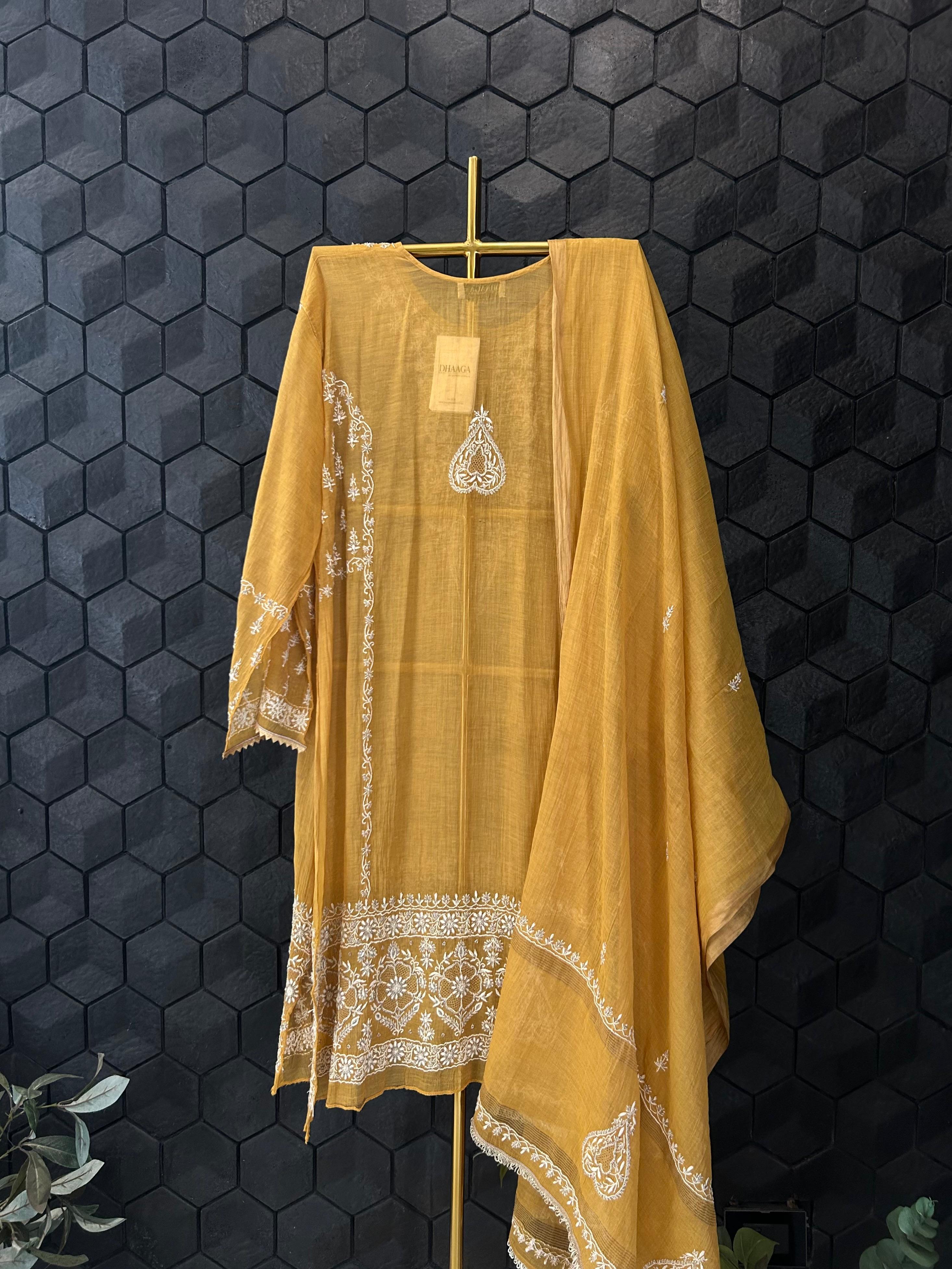 mustard zari tissue chikankari straight kurta set