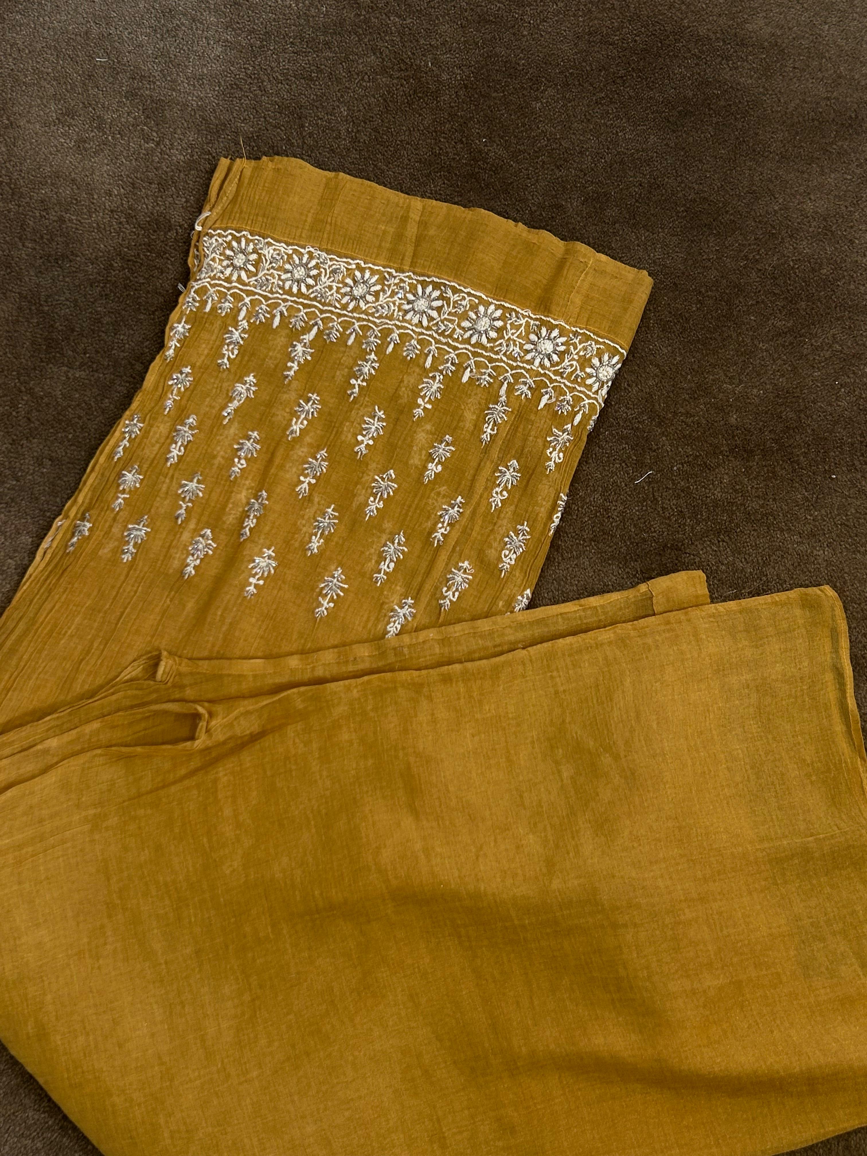 mustard zari tissue chikankari straight kurta set