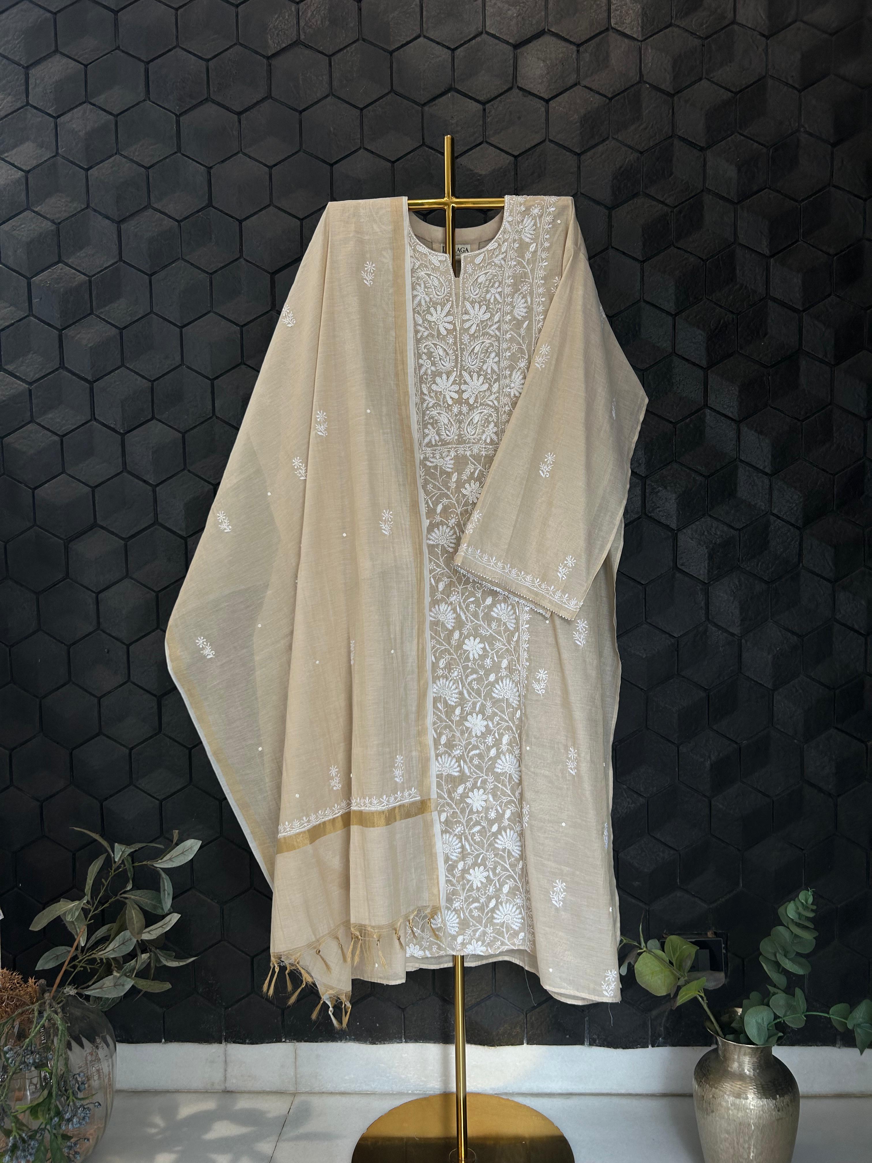 Natural golden tissue chikankari