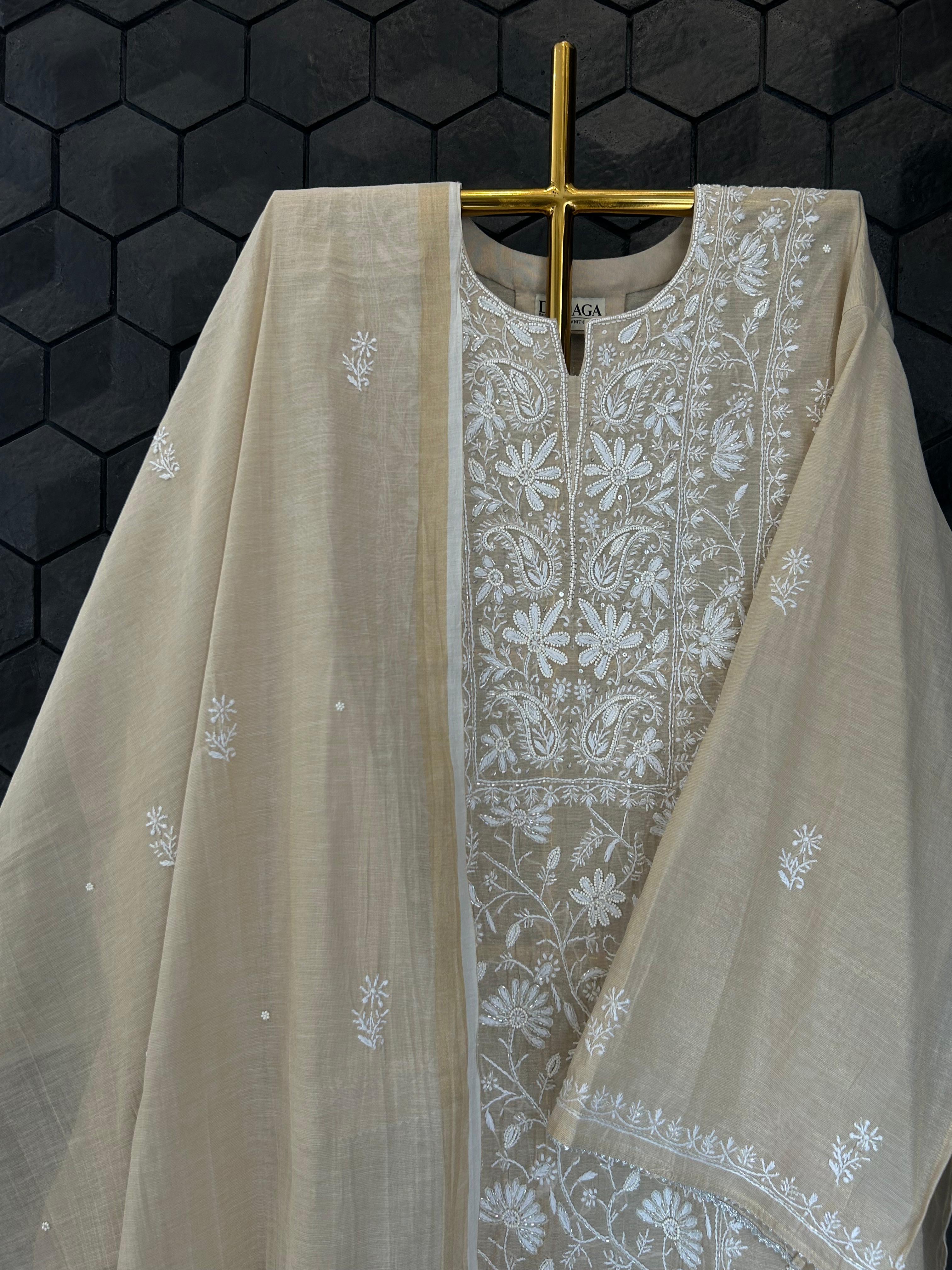 Natural golden tissue chikankari