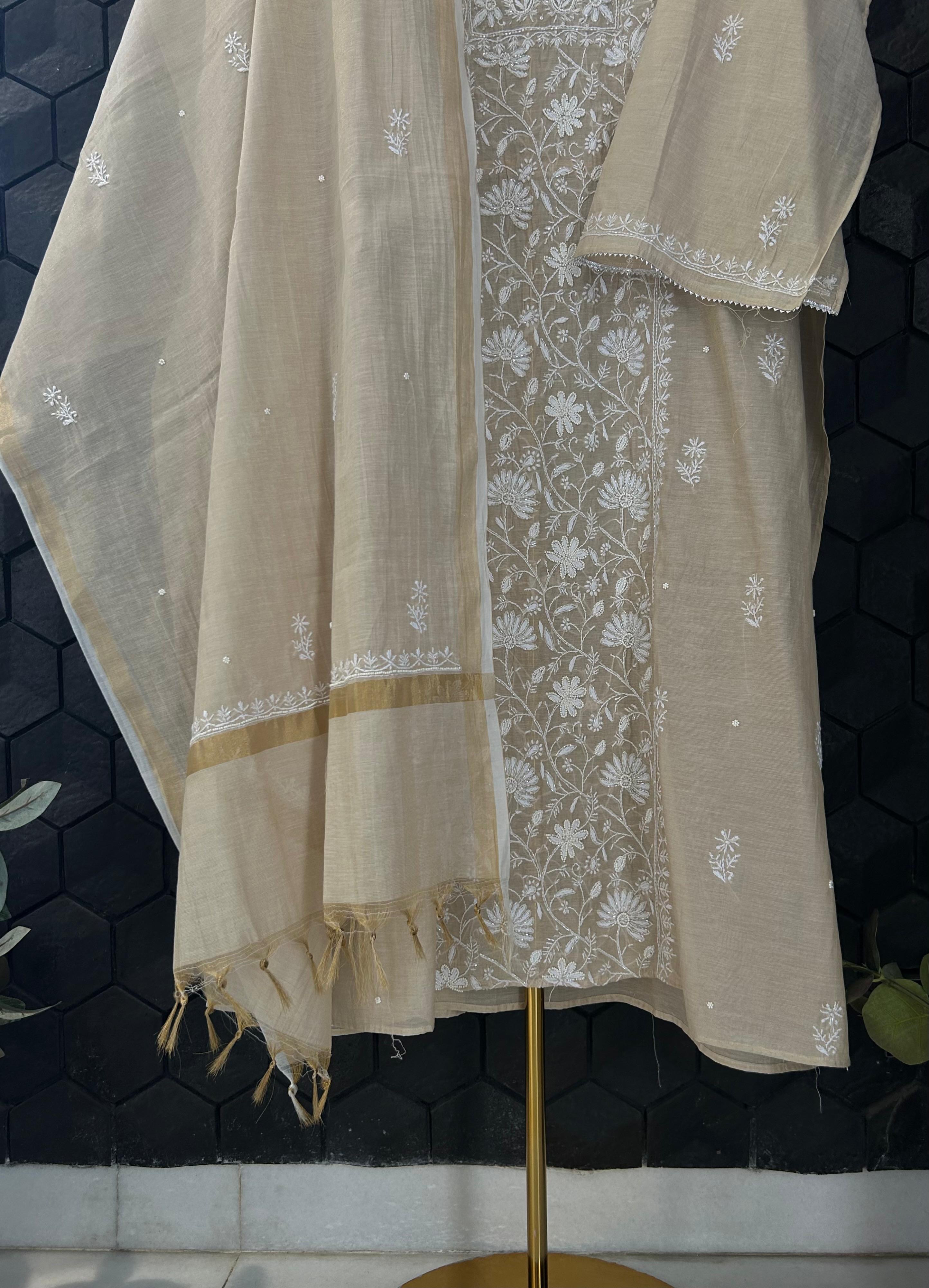 Natural golden tissue chikankari