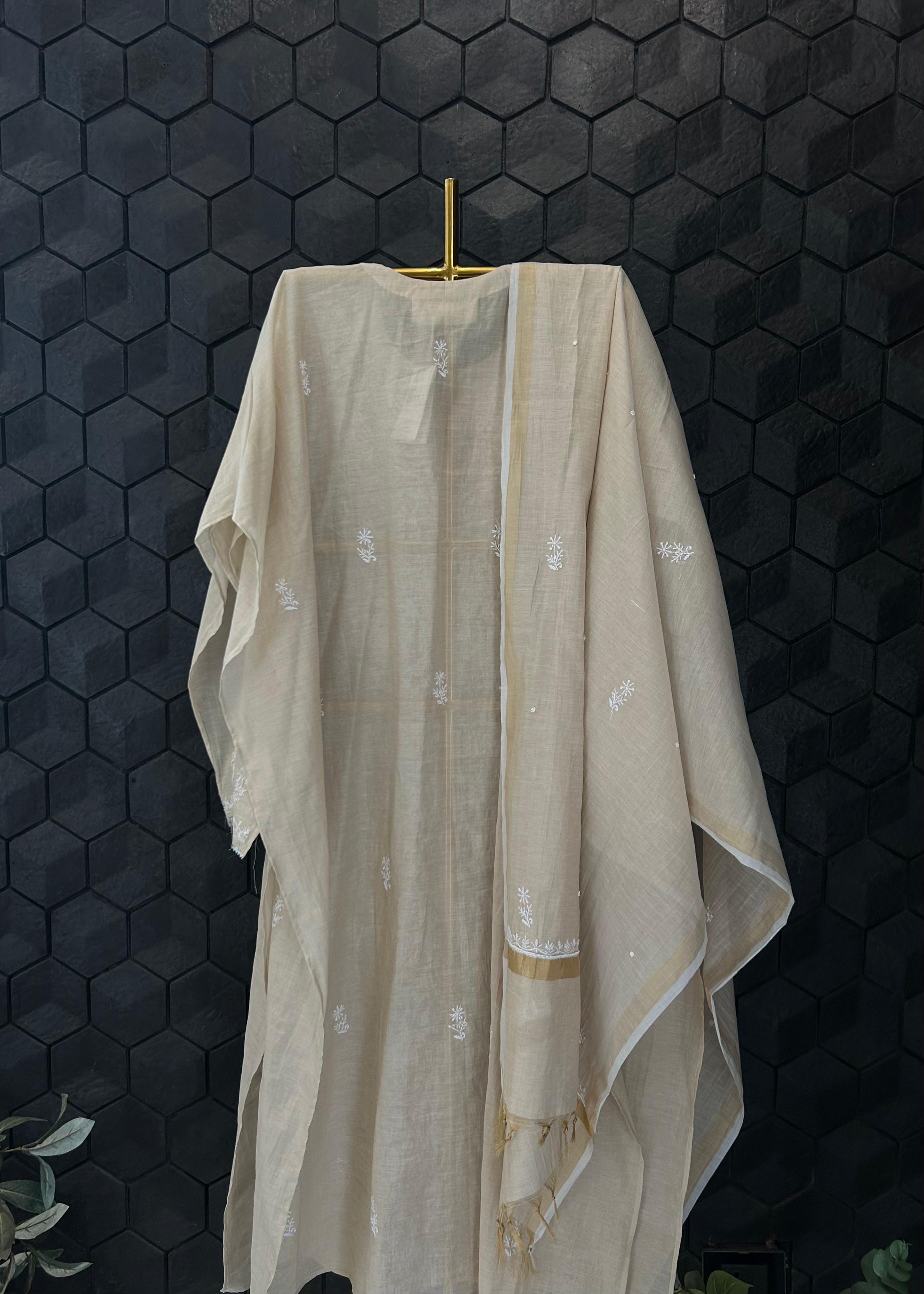 Natural golden tissue chikankari