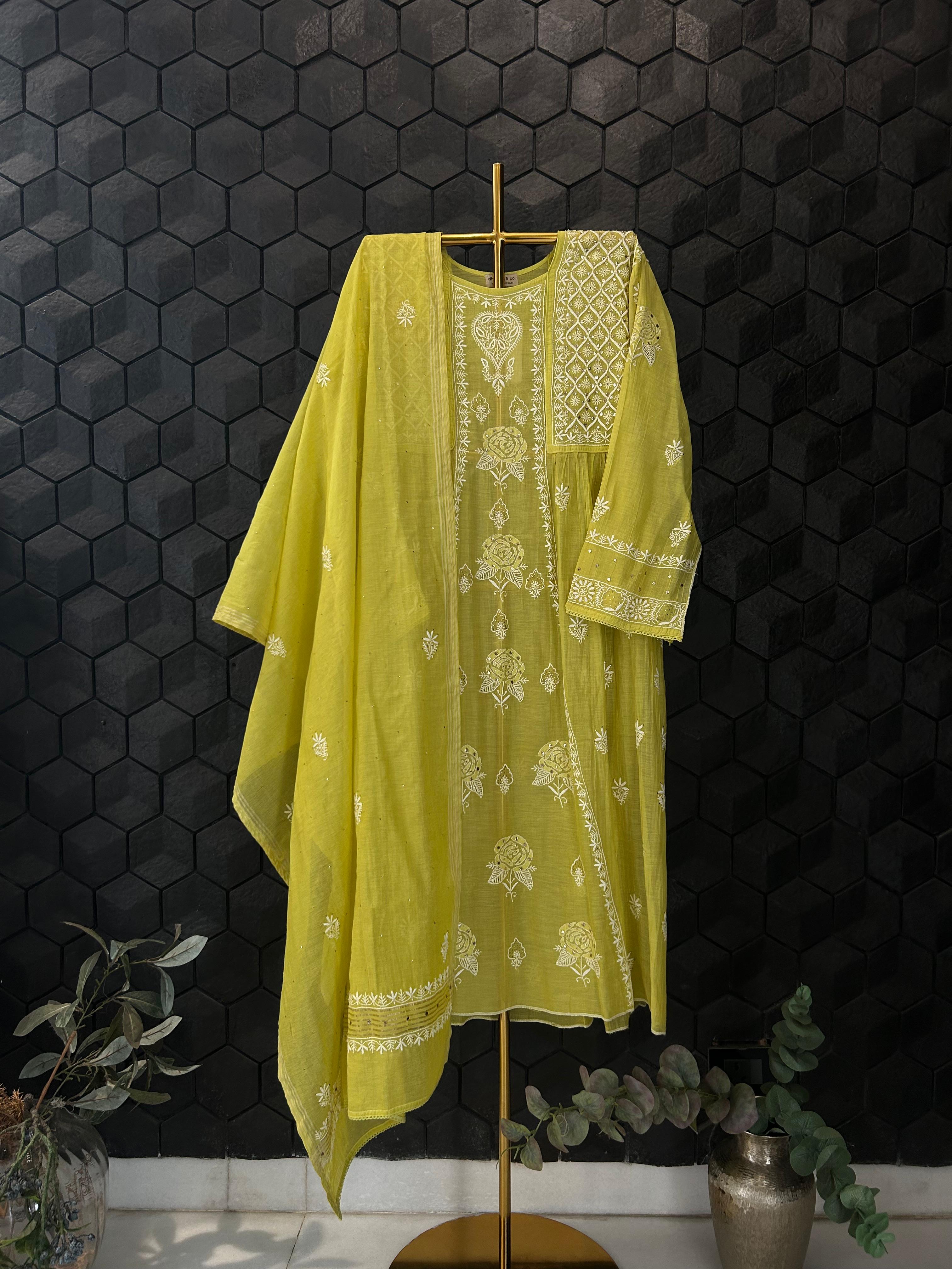 green mul chanderi chikankari kurta set