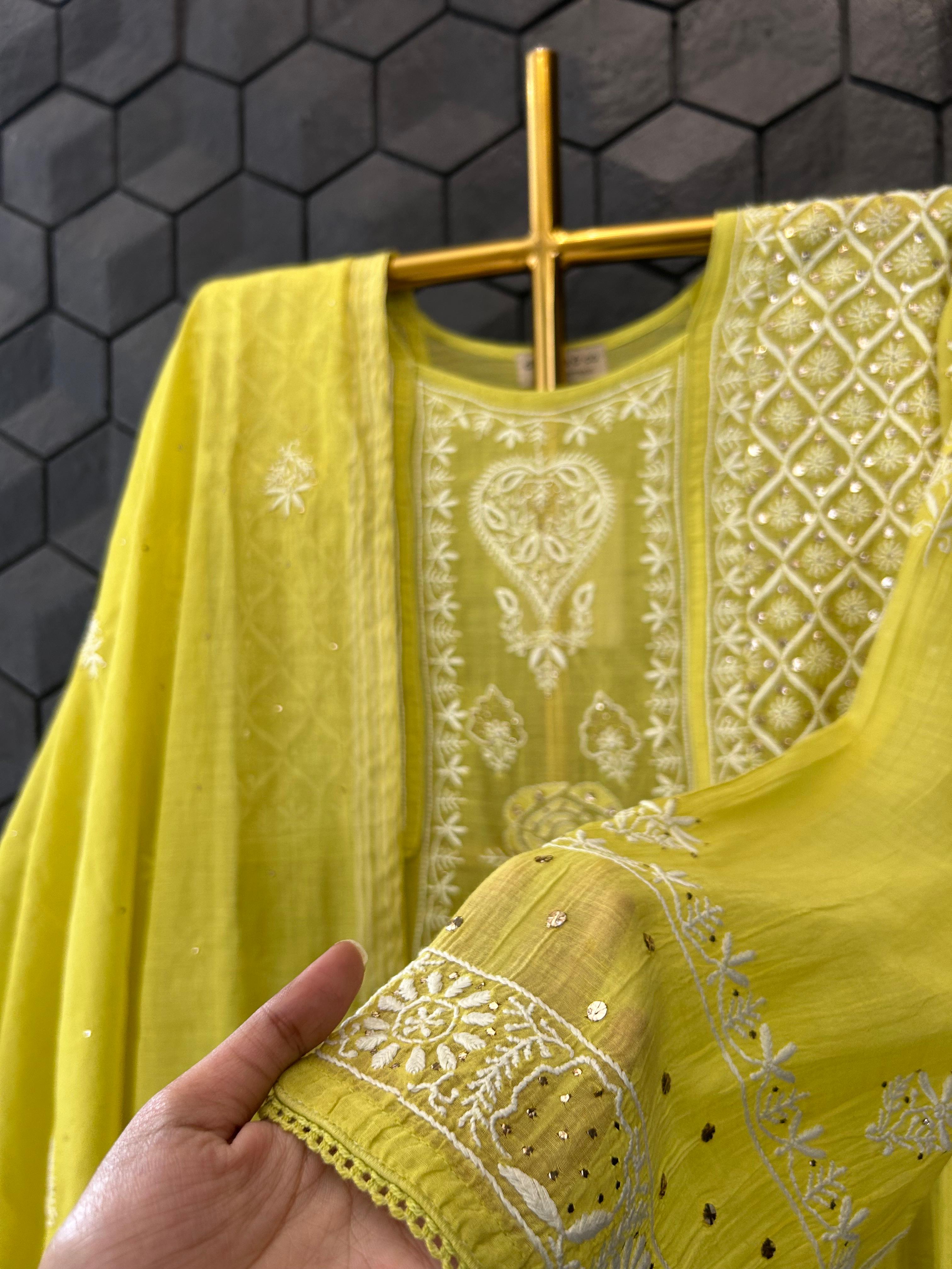 green mul chanderi chikankari kurta set