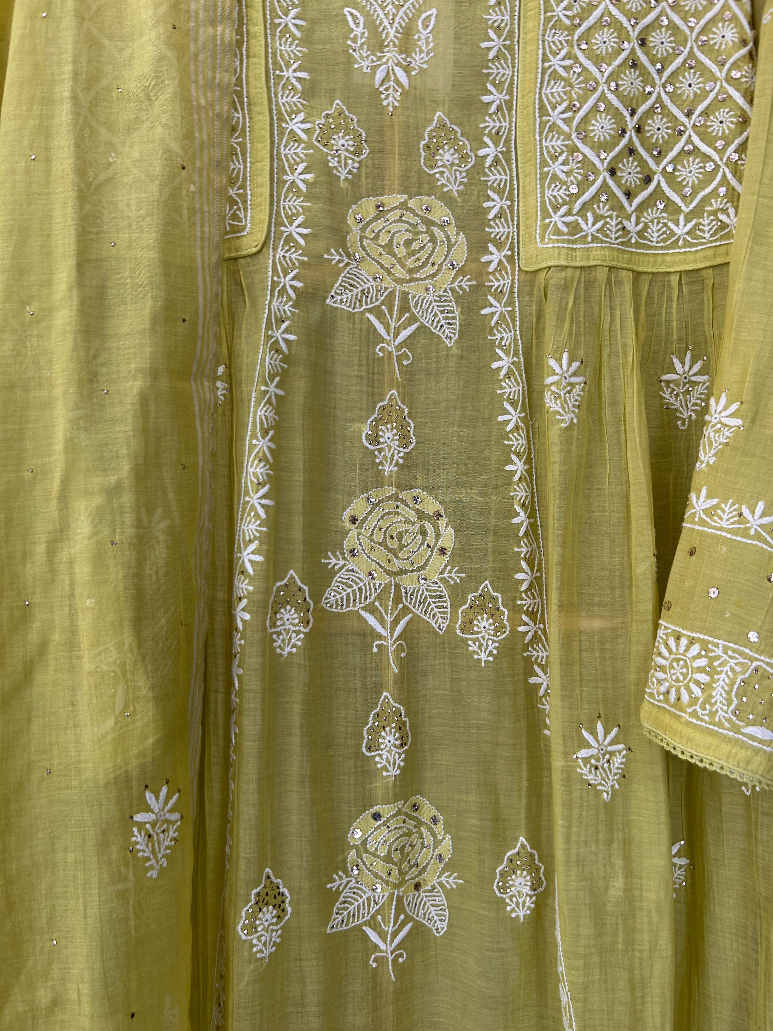 green mul chanderi chikankari kurta set