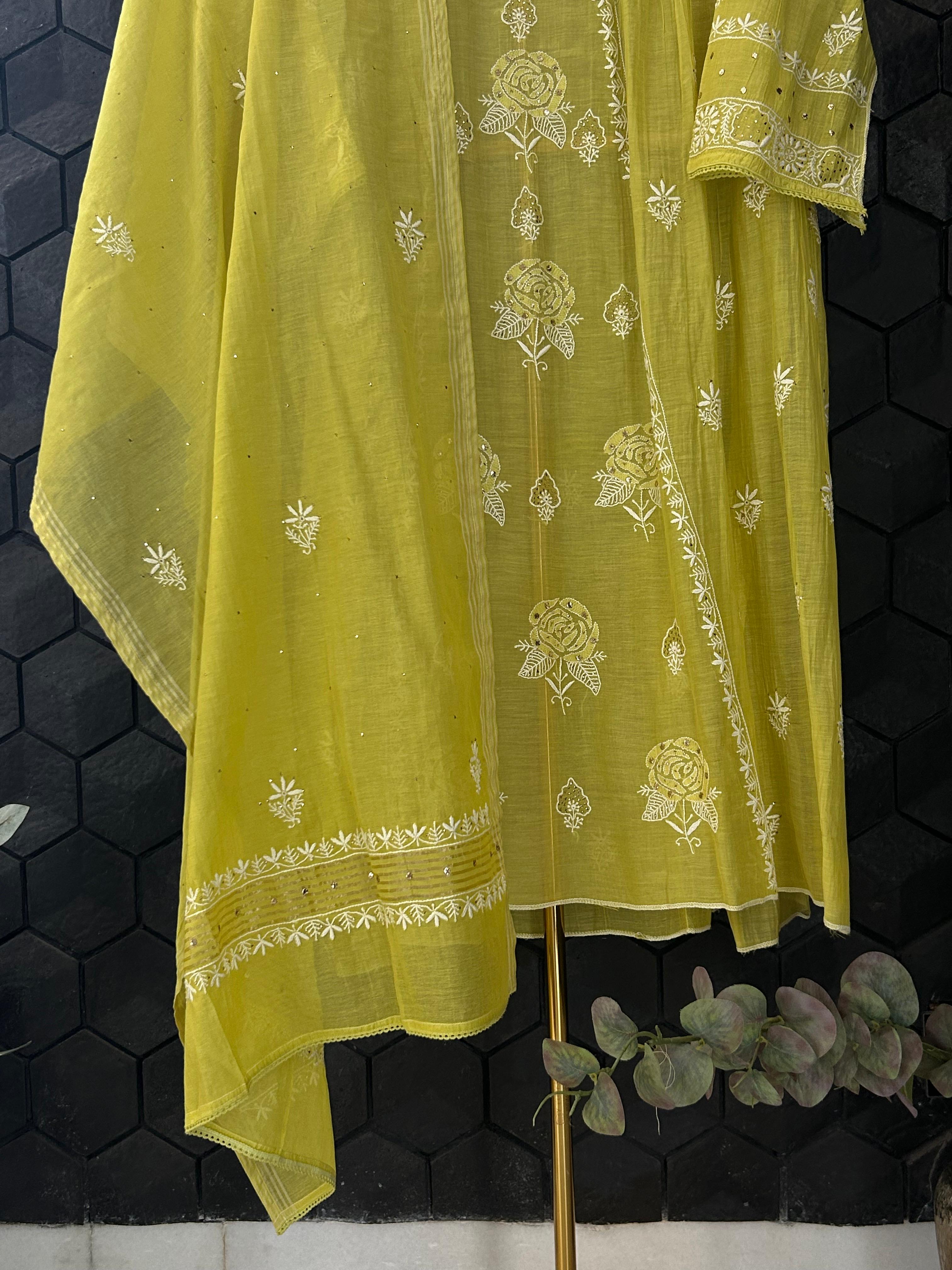 green mul chanderi chikankari kurta set