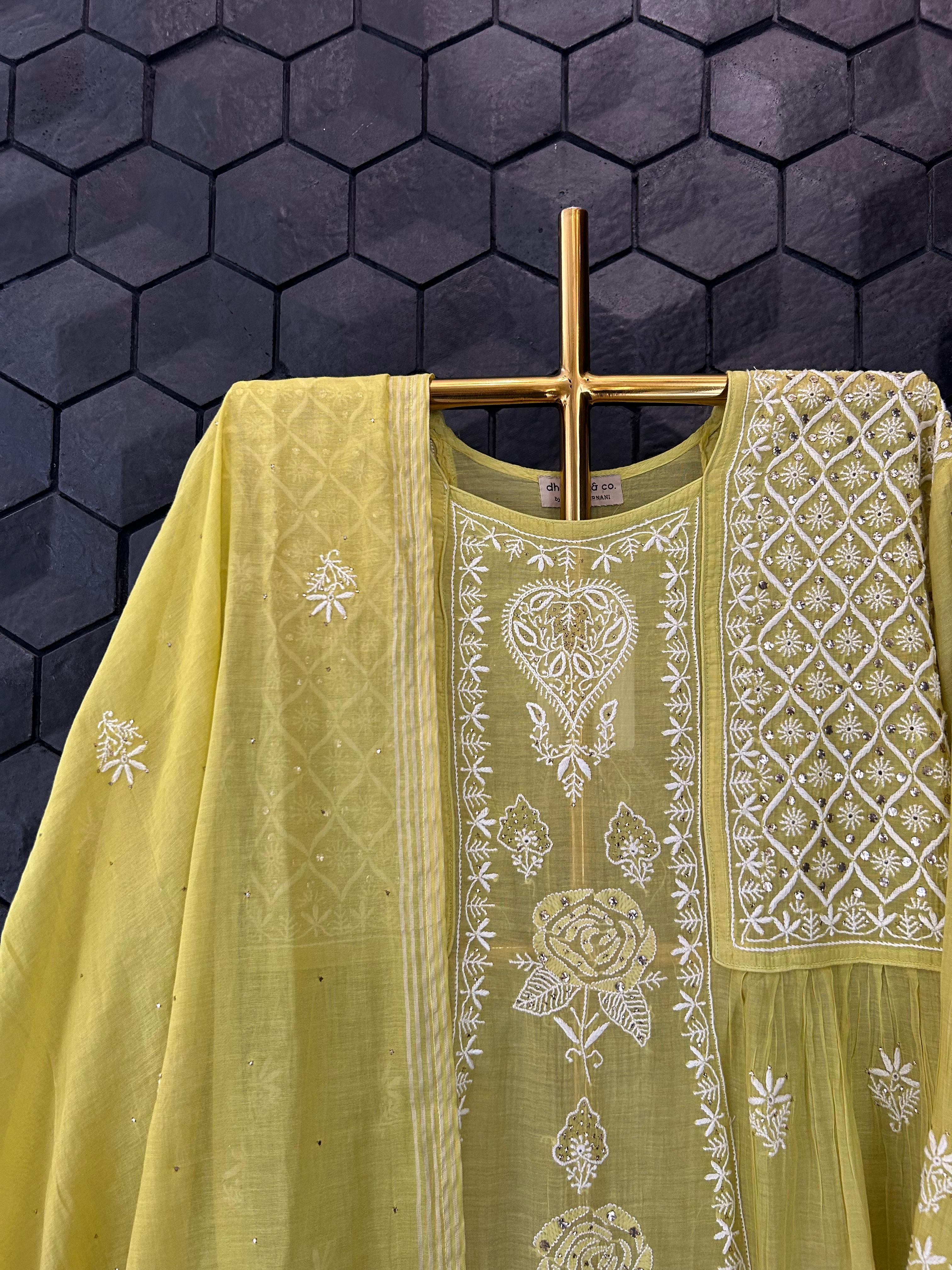 green mul chanderi chikankari kurta set